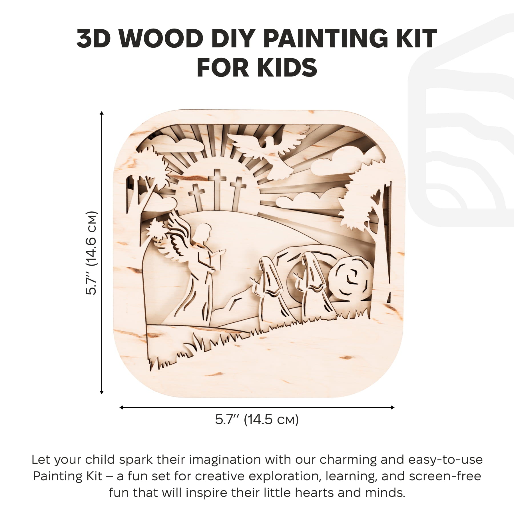 3D wood DIY painting kit for kids with dimensions and product description.