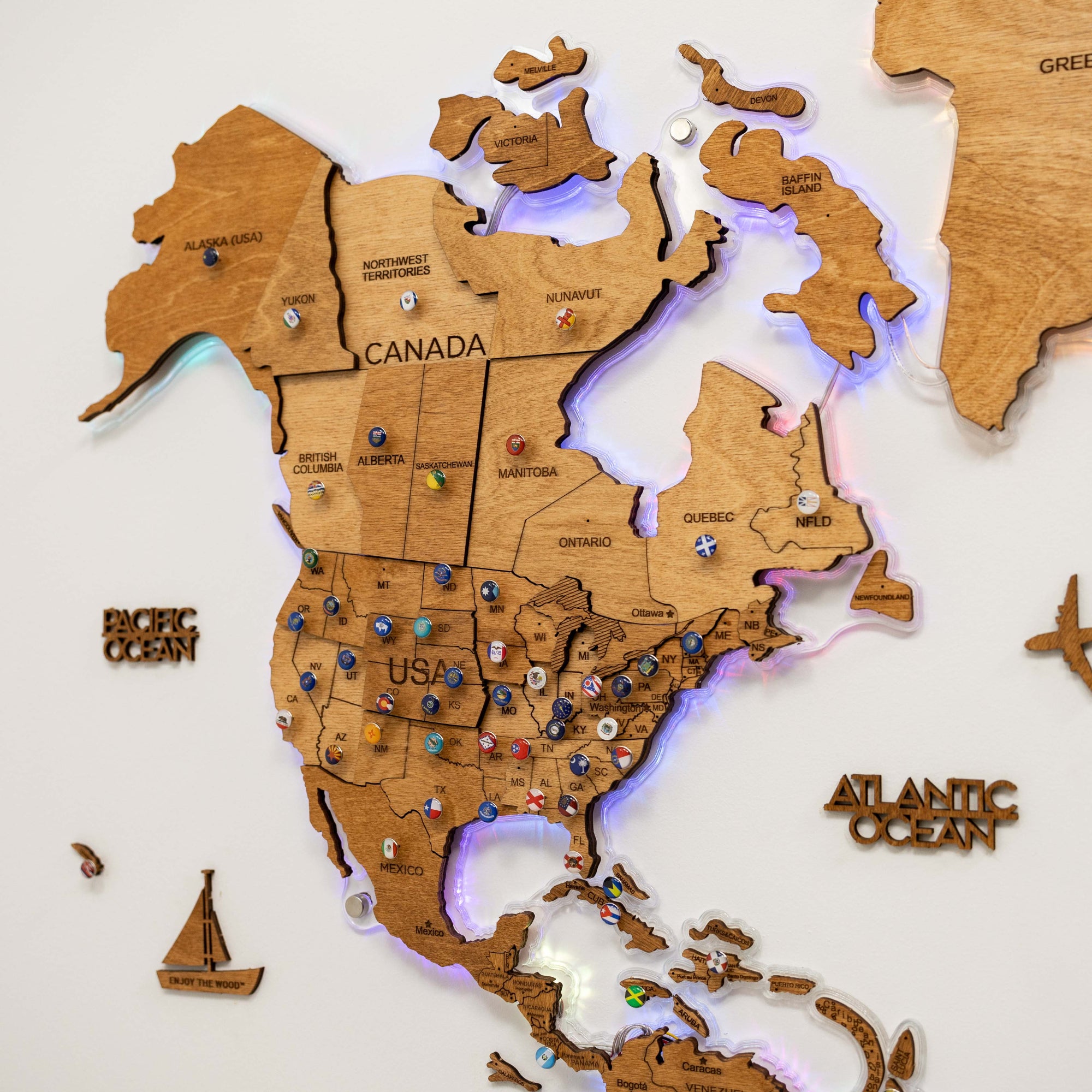 A wooden North America wall map