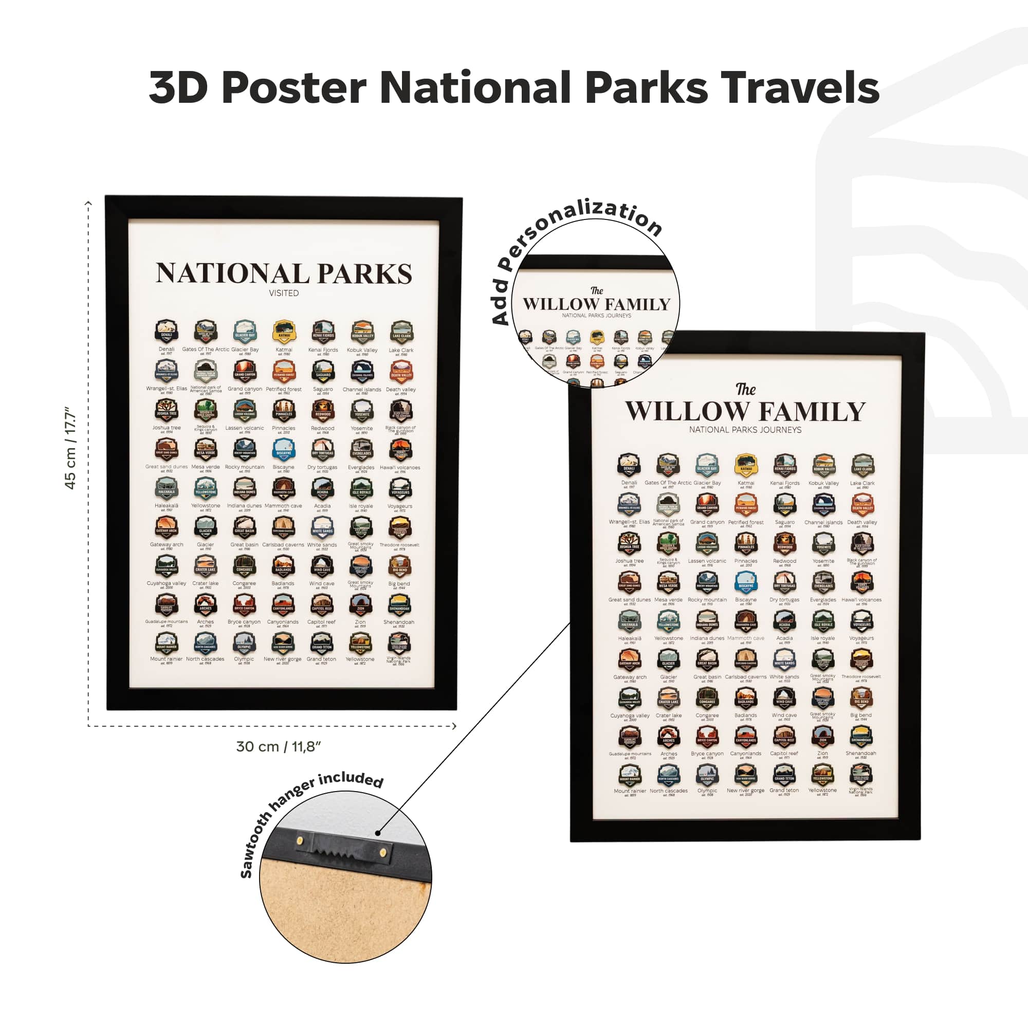 3D National Parks travel poster with customizable family name on a white background