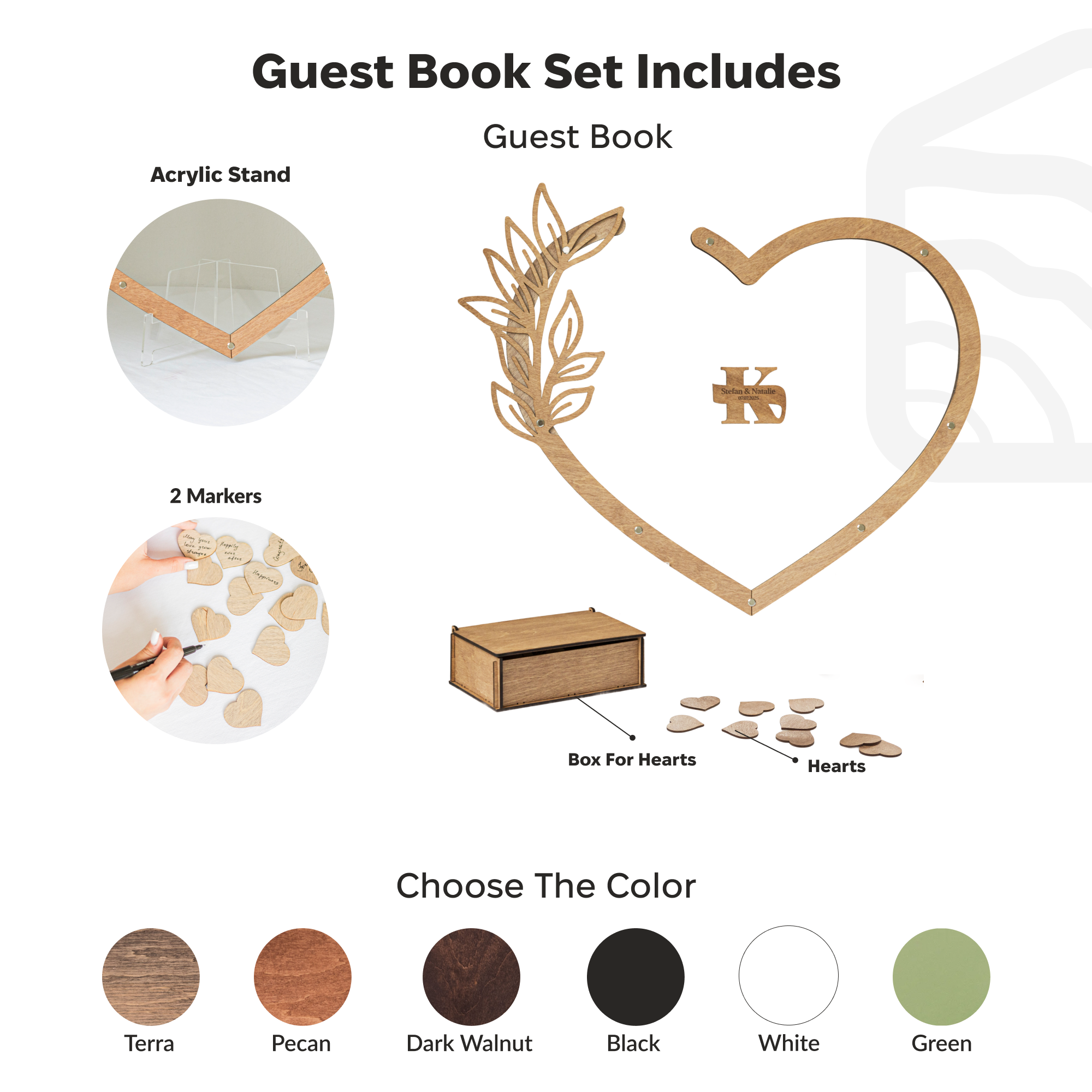 Guest book set with acrylic stand, markers, and heart-shaped components on a white background.