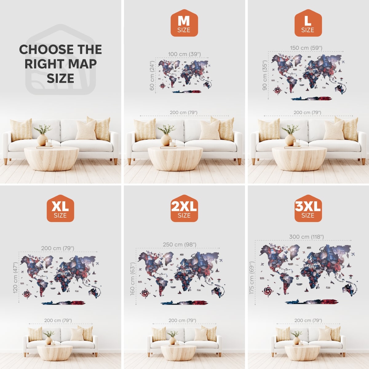 World map wall decal with size chart for different dimensions in a living room setting.