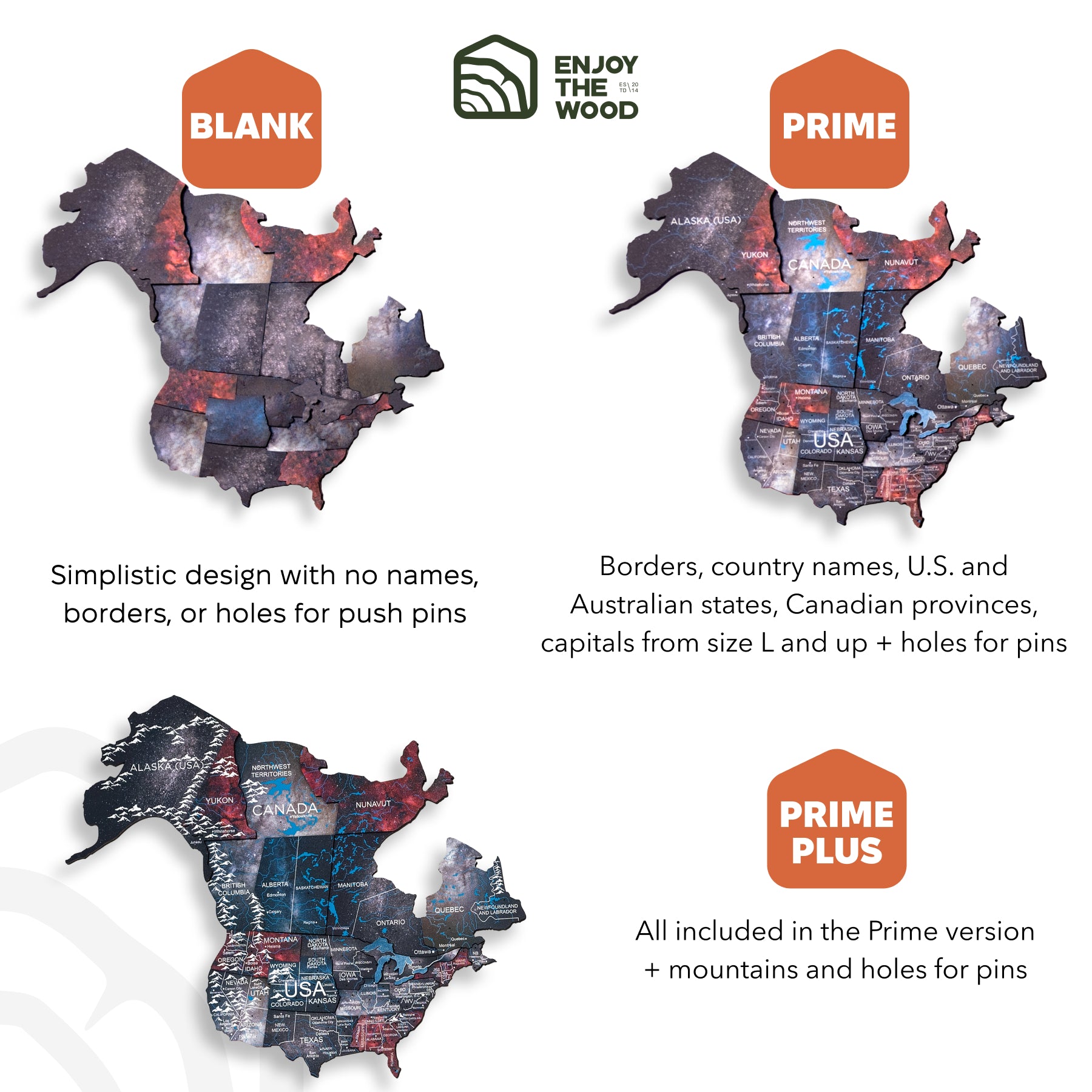 Map of North America with different versions labeled 'Blank', 'Prime', and 'Prime Plus' on a white background.