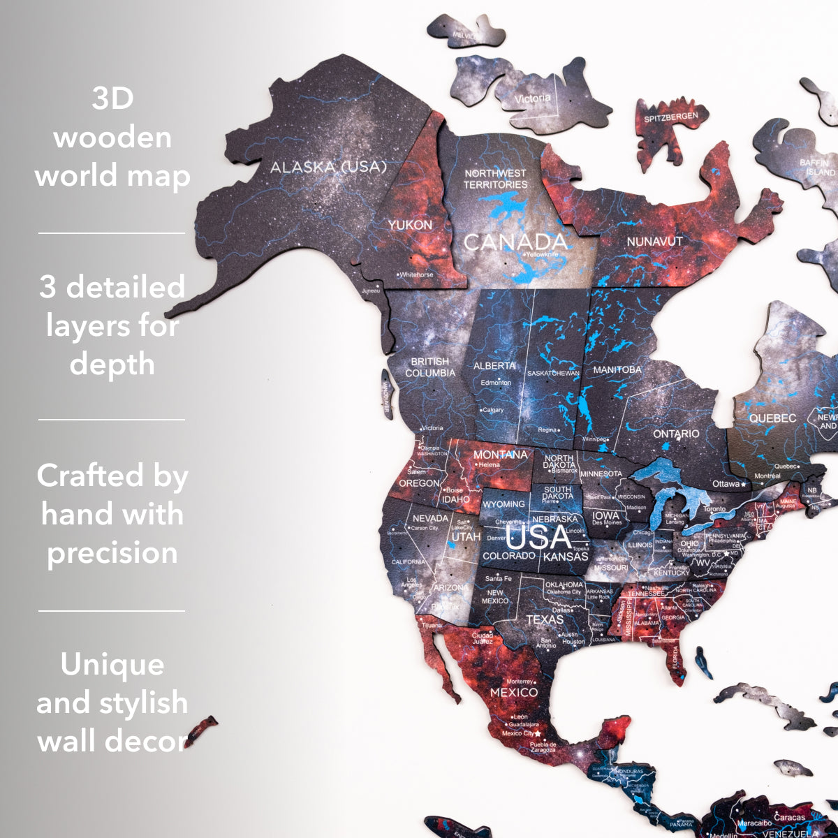 3D wooden world map with detailed layers on a light gray background