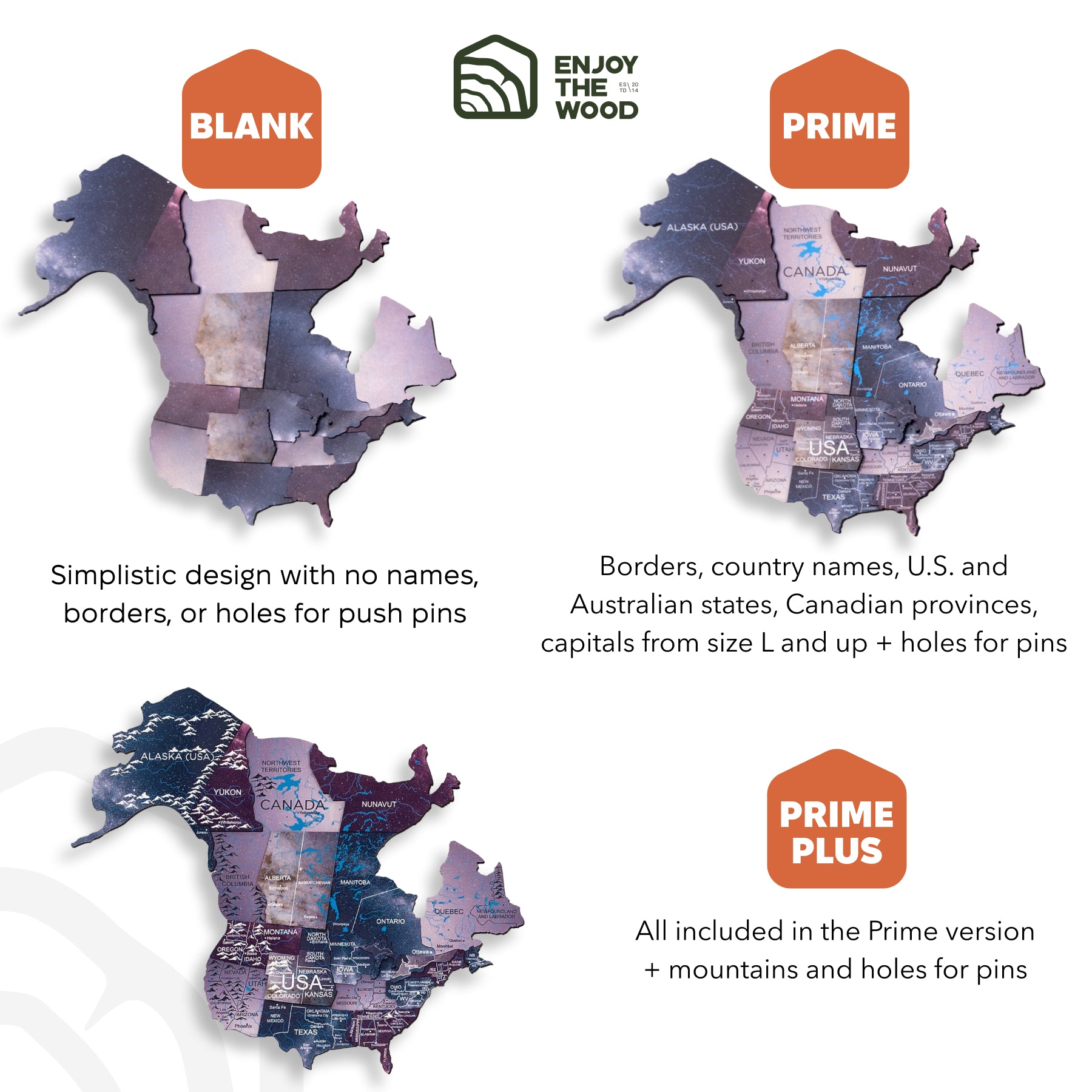 Map of North America with different versions labeled 'Blank', 'Prime', and 'Prime Plus' on a white background.