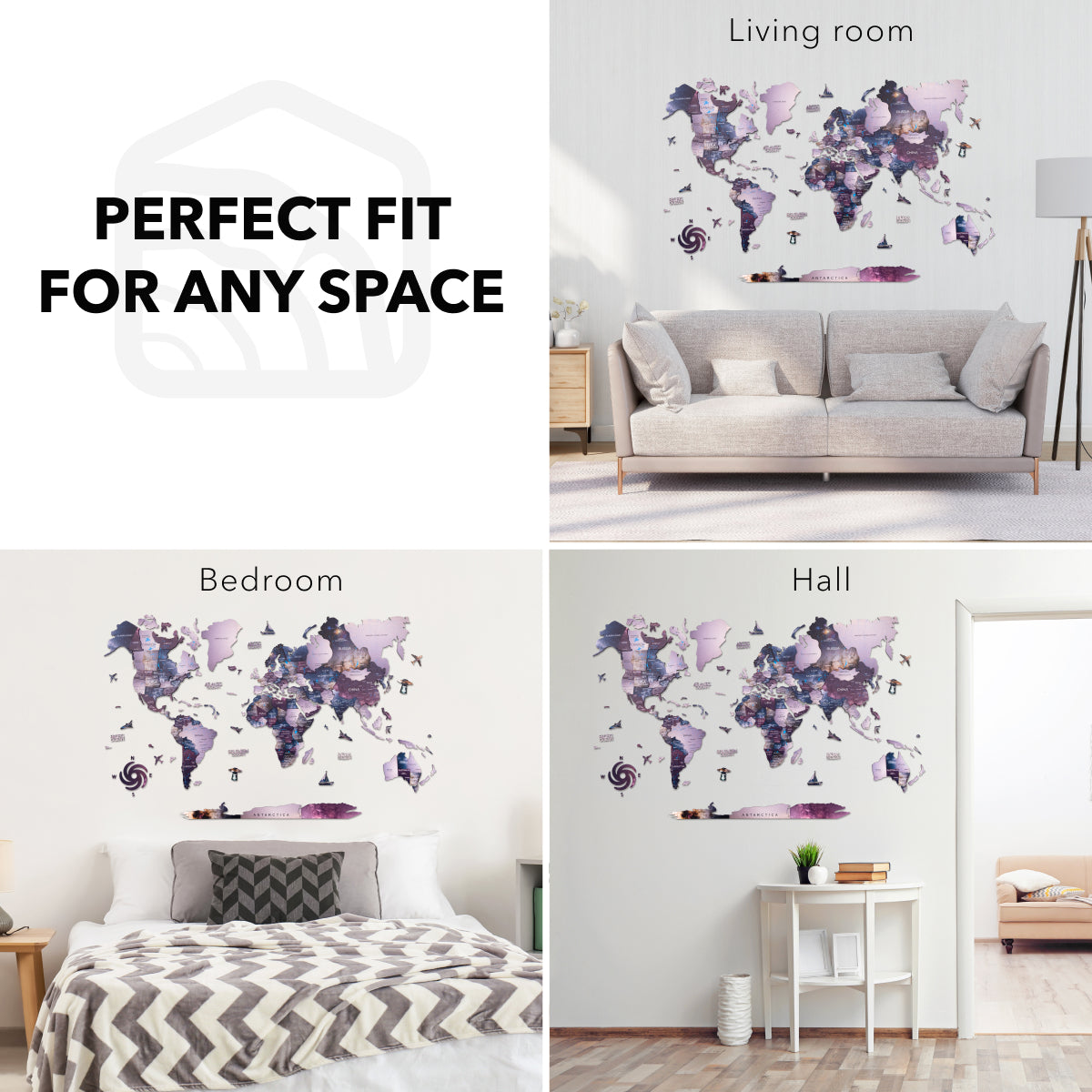 World map wall decal in various rooms with text 'Perfect Fit for Any Space'.