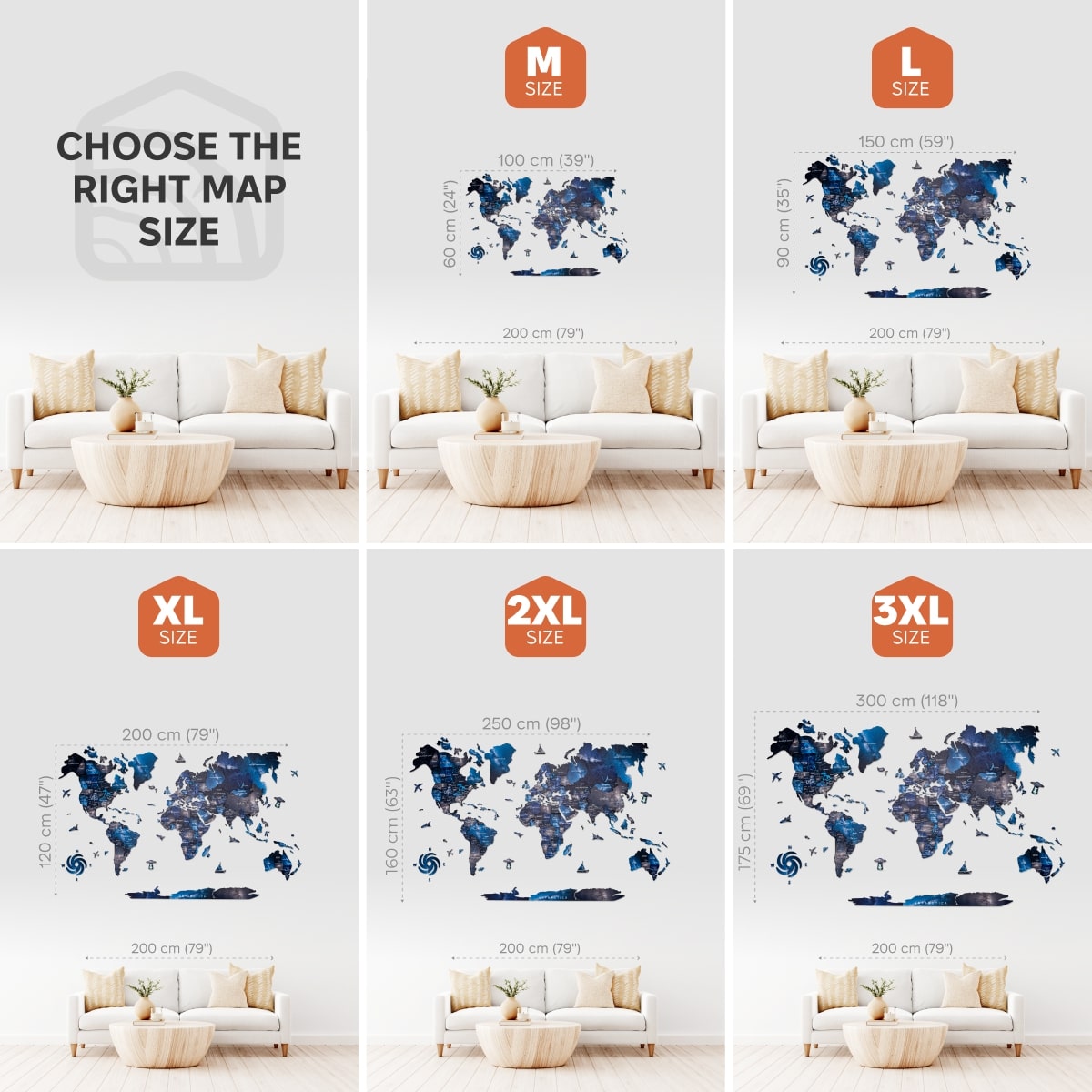 World map wall decal with size chart for different dimensions in a living room setting.