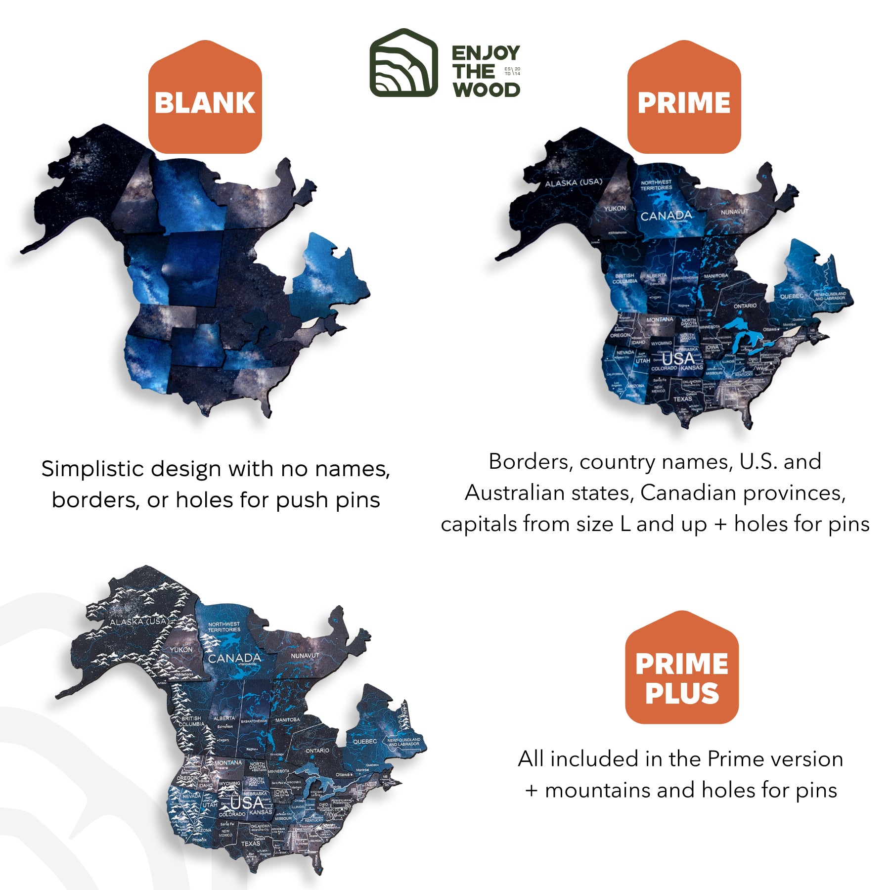 Map of North America with different versions labeled 'Blank', 'Prime', and 'Prime Plus' on a white background.