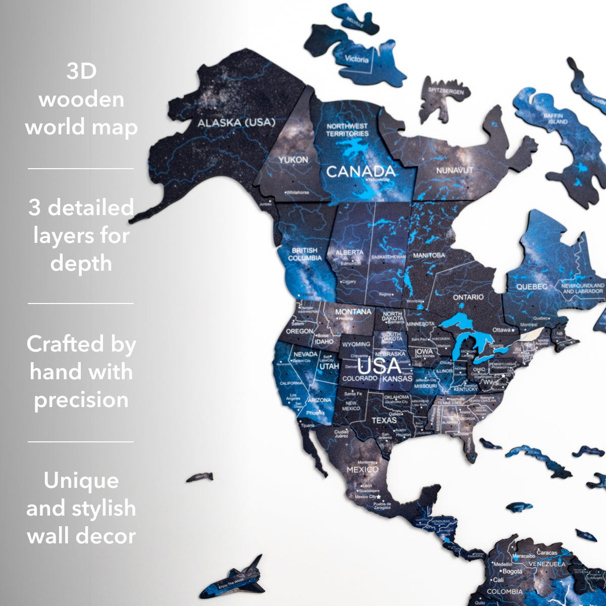 3D wooden world map with detailed layers on a white background