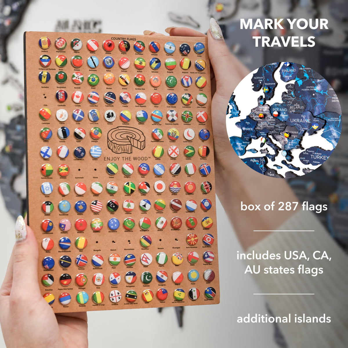 Box of 287 world flags with a map and text overlay on a blurred background