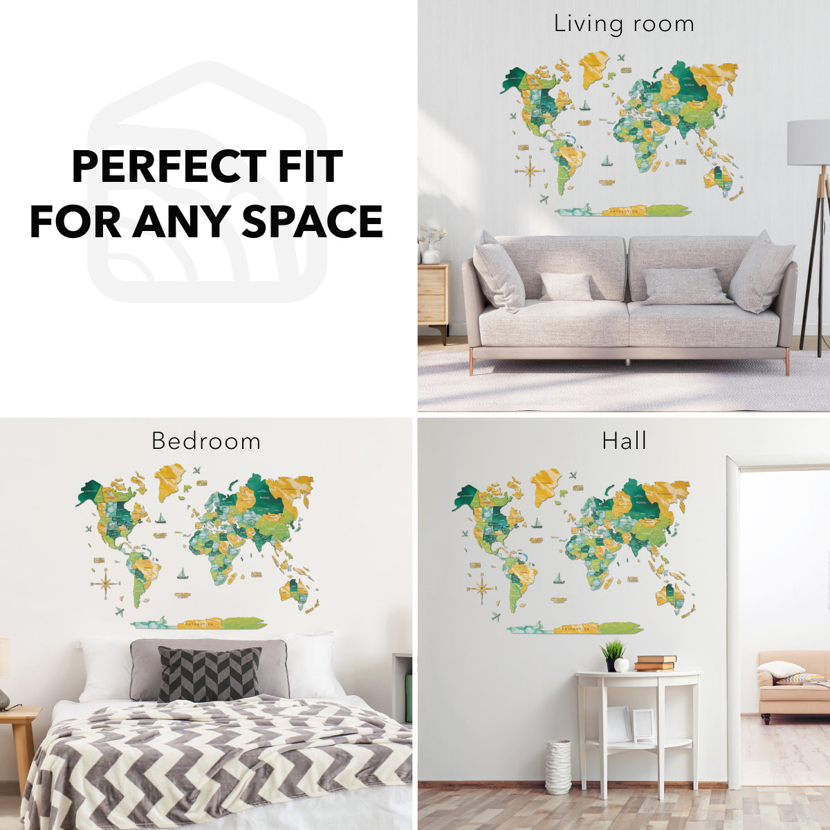 World map wall decal in various rooms with text 'Perfect Fit for Any Space'.