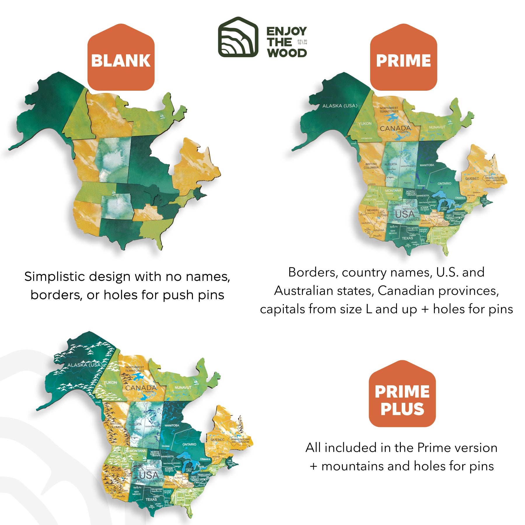 Three map designs with labels for 'Blank', 'Prime', and 'Prime Plus' versions, featuring different levels of detail.