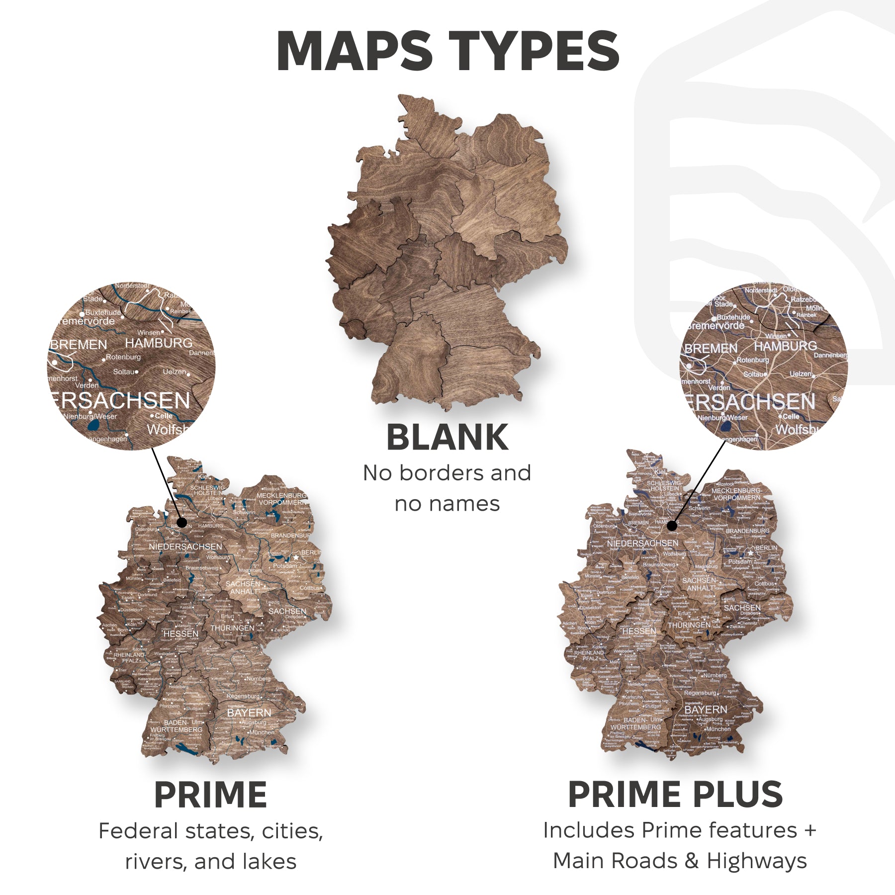 3D Germany Wooden Map Dark Walnut types