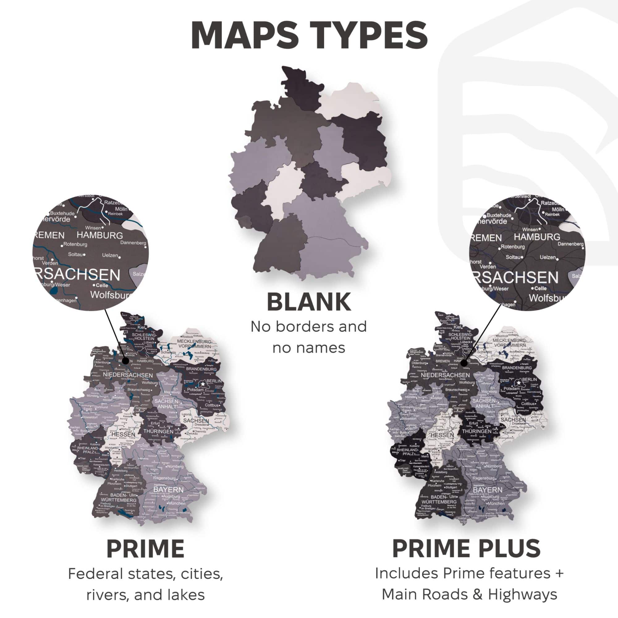 3D Germany Wooden Map Nordik types