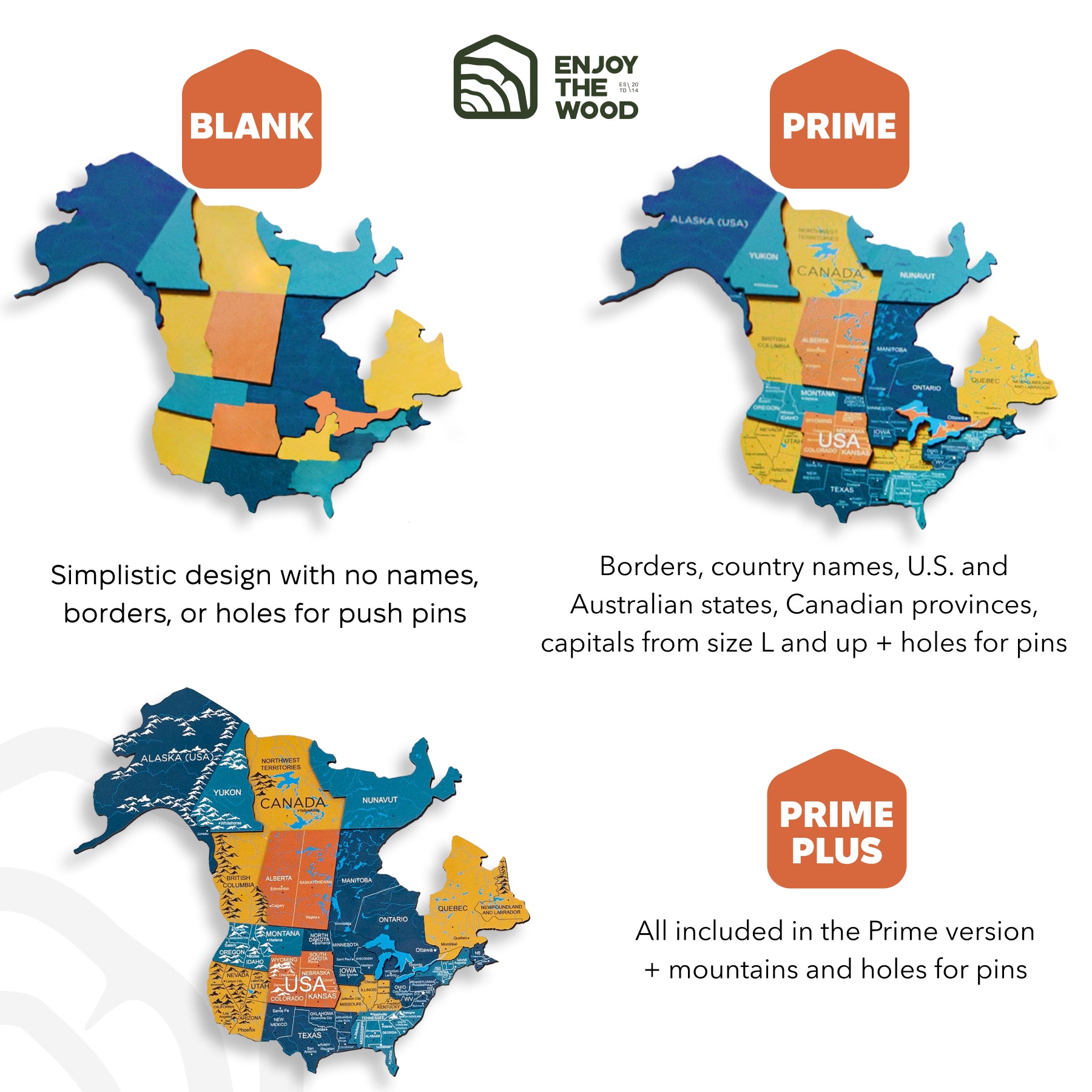 Three versions of a wooden map of North America with different levels of detail and branding.