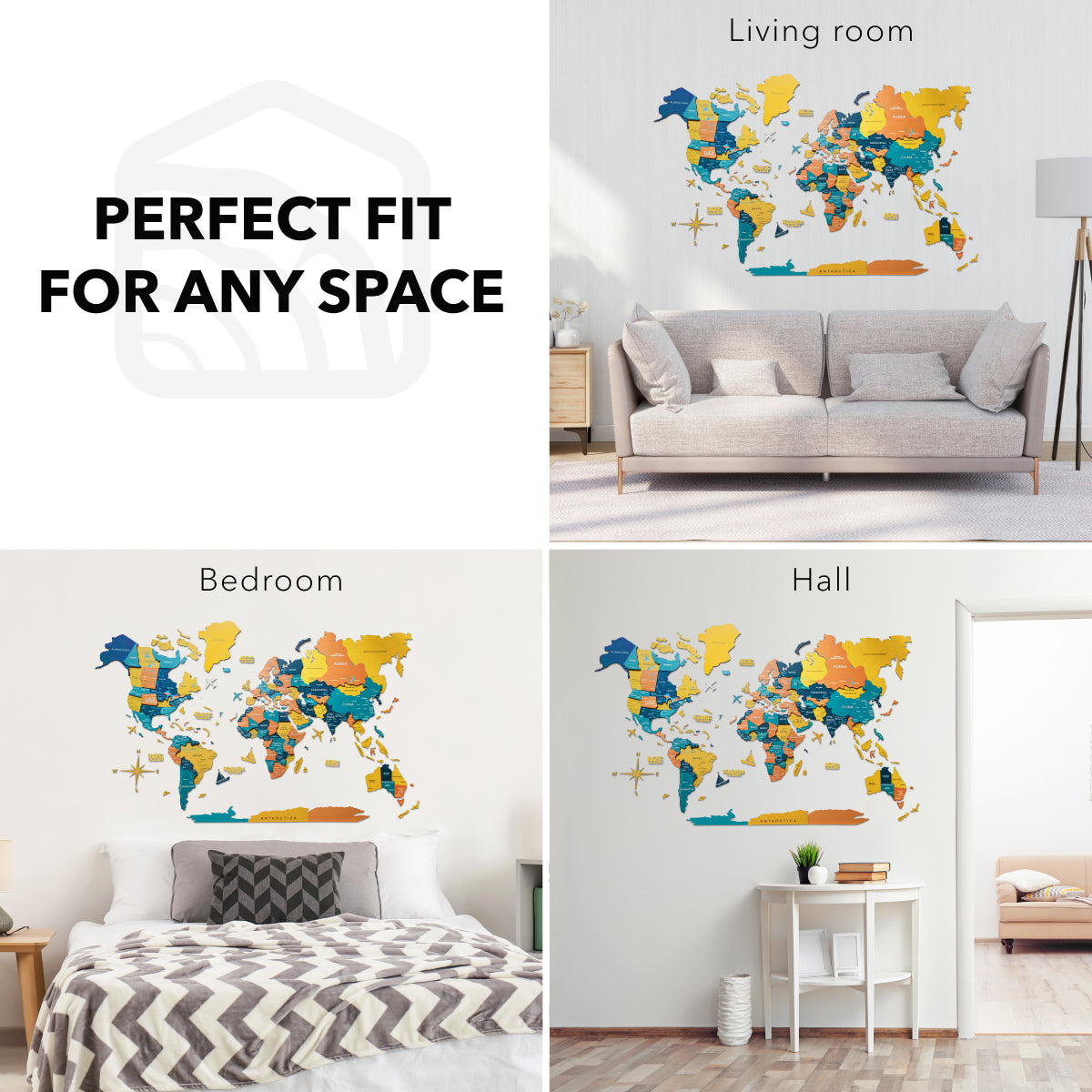 World map wall decal in various rooms with text 'Perfect Fit for Any Space'.