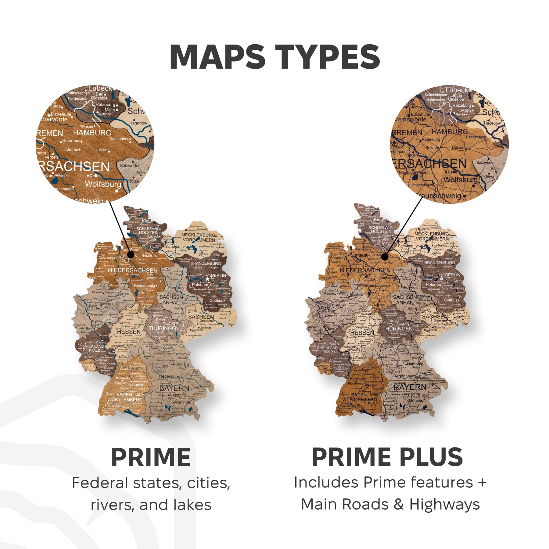 A comparison graphic titled 'MAPS TYPES' showing two versions of a Germany map: 'PRIME' with a circular inset of the detailed map, and 'PRIME PLUS' with a larger circular inset. The maps display a wood-grain texture in shades of brown, beige, and gray, with black text labels on a white background.
