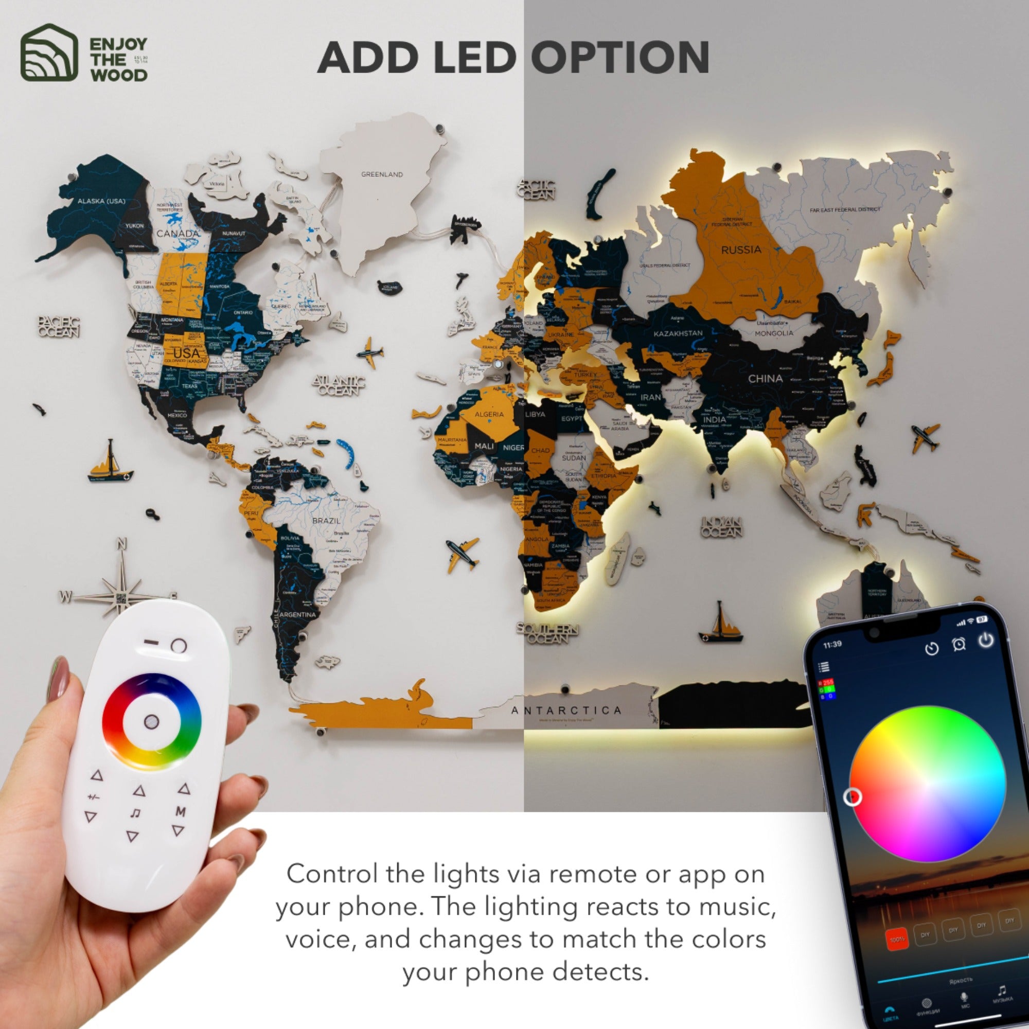 World map with LED lights, remote control, and smartphone app on a white background.