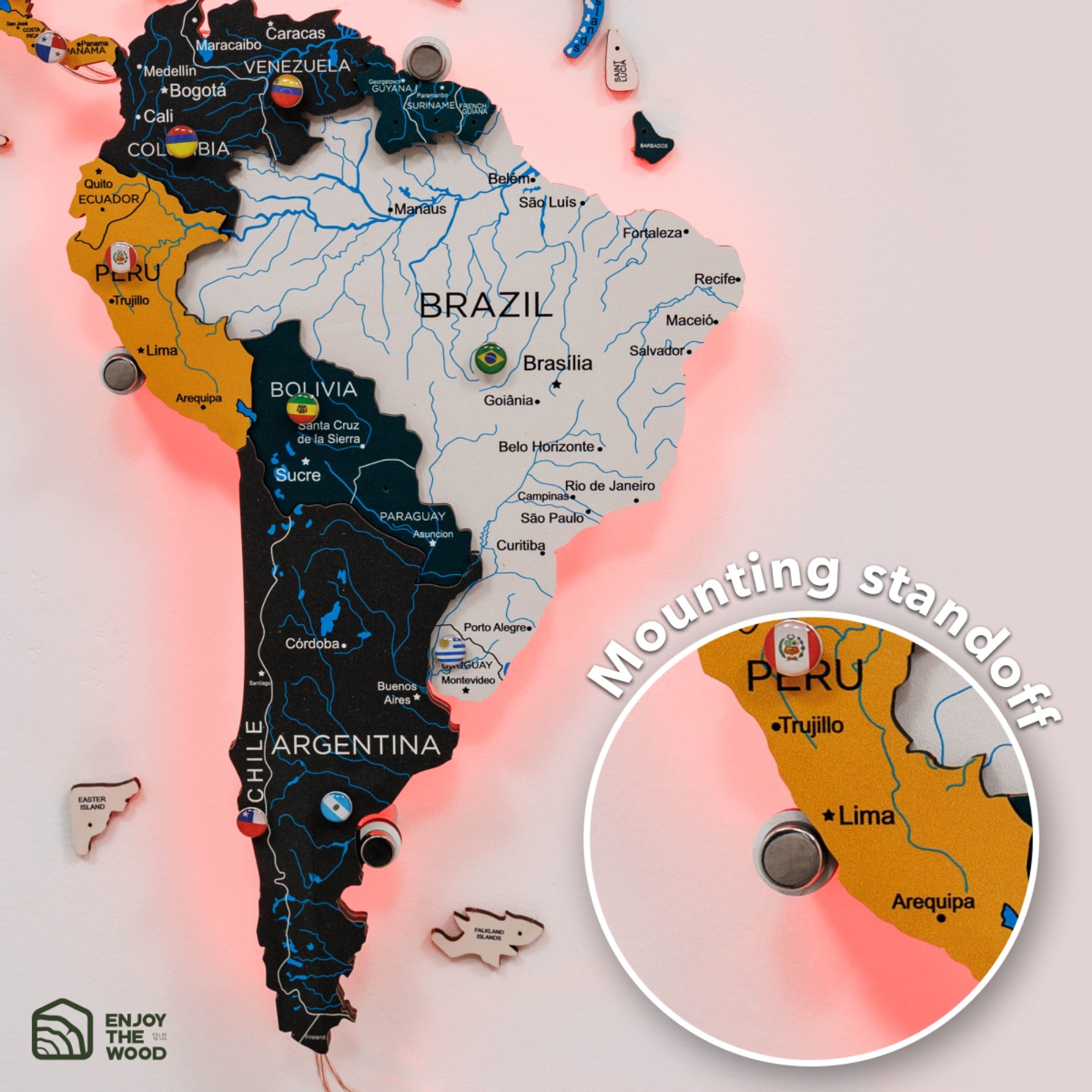 Map of South America with highlighted countries, including a close-up of a mounting standoff.
