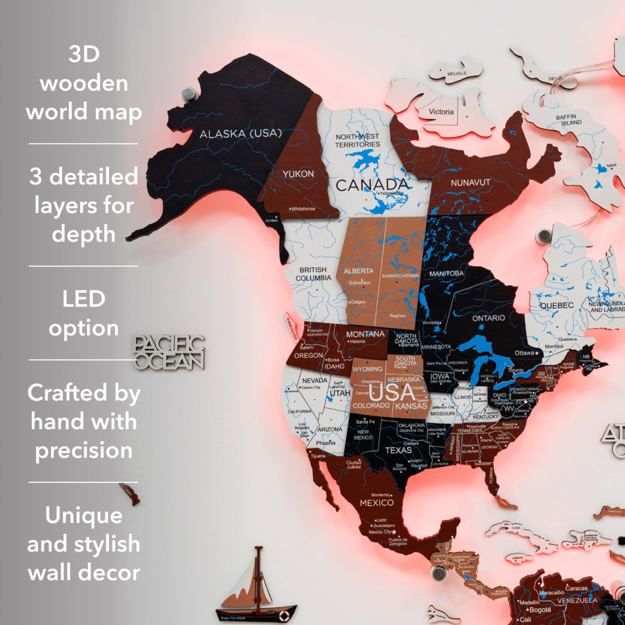 3D wooden world map with detailed layers and LED option on a light gray background