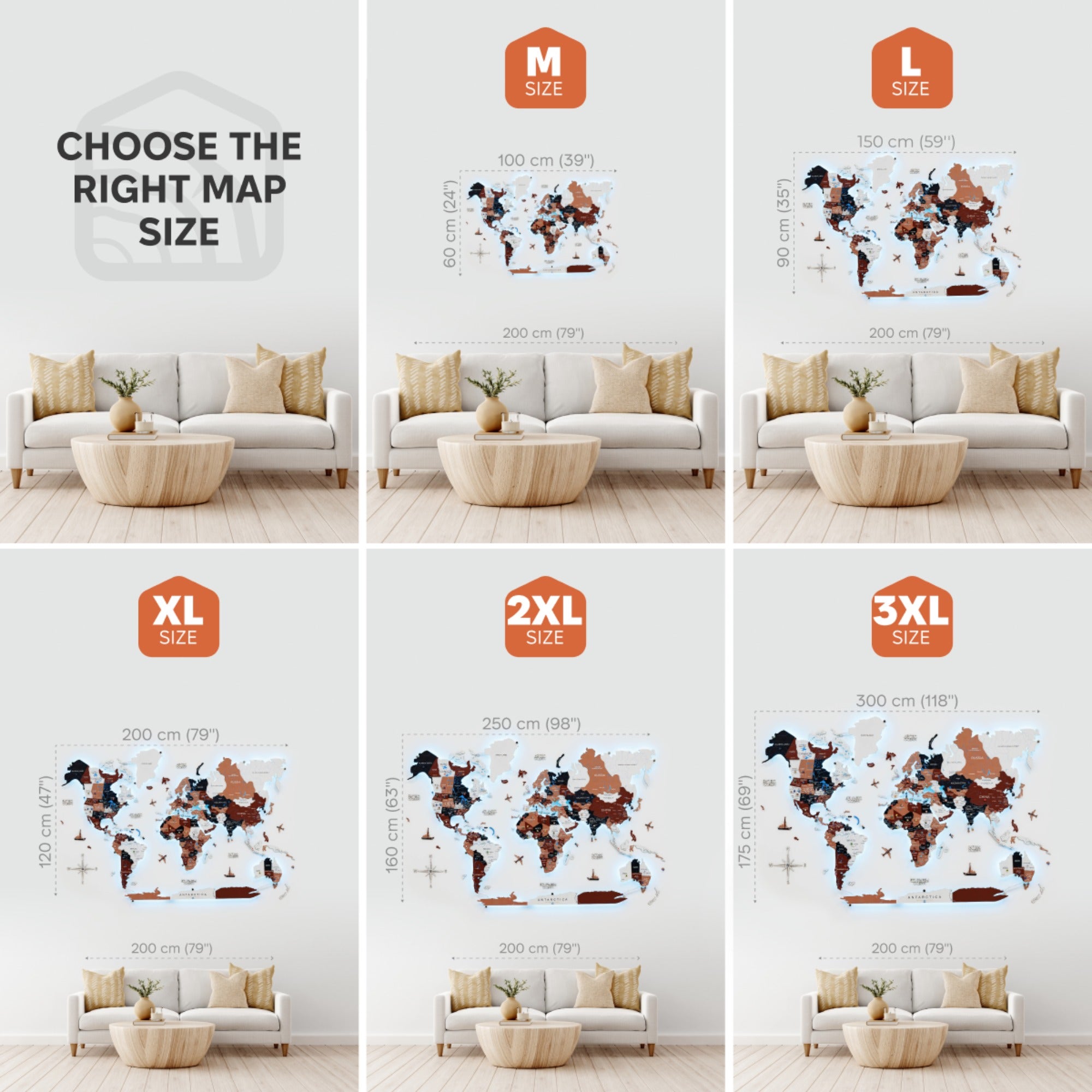 Collage of world map wall art in different sizes with corresponding dimensions.