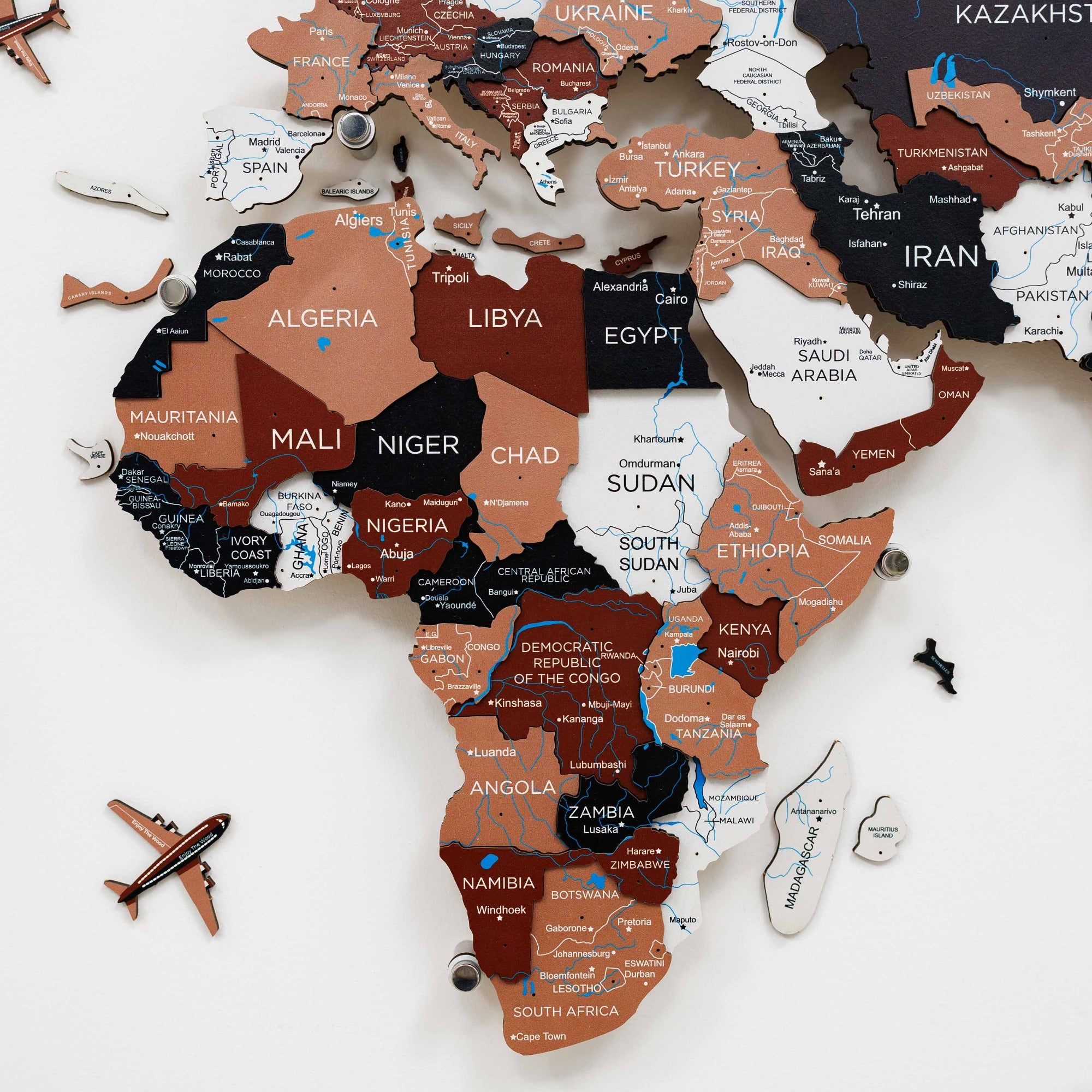 Map of Africa with country names and an airplane on a white background