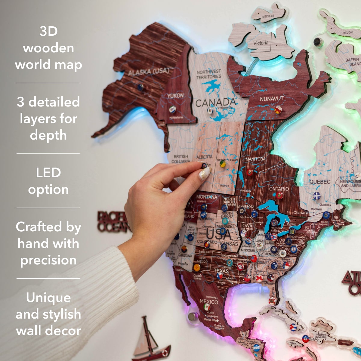 3D LUMINOUS LED Wooden World Map 2.0 Cappuccino info