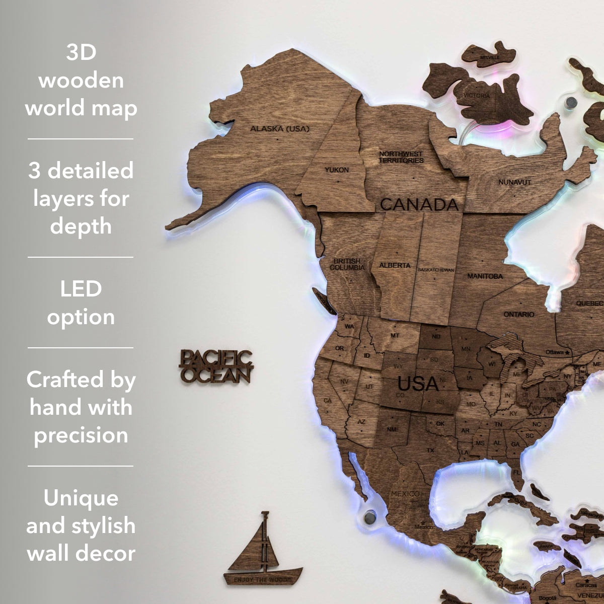 3D LED Wooden World Map 2.0 Dark Walnut info