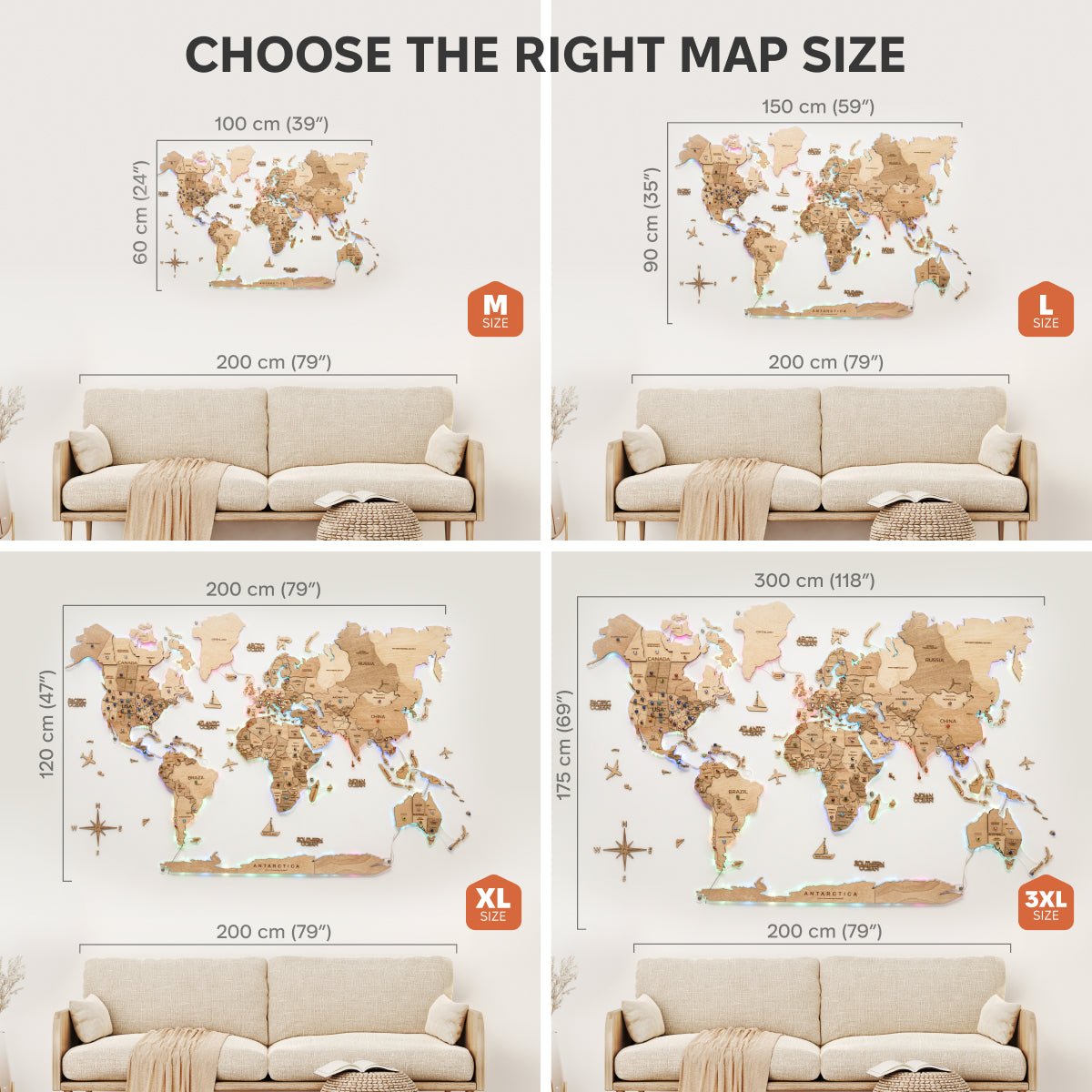 3D LED Wooden World Map 2.0 Gold size 2