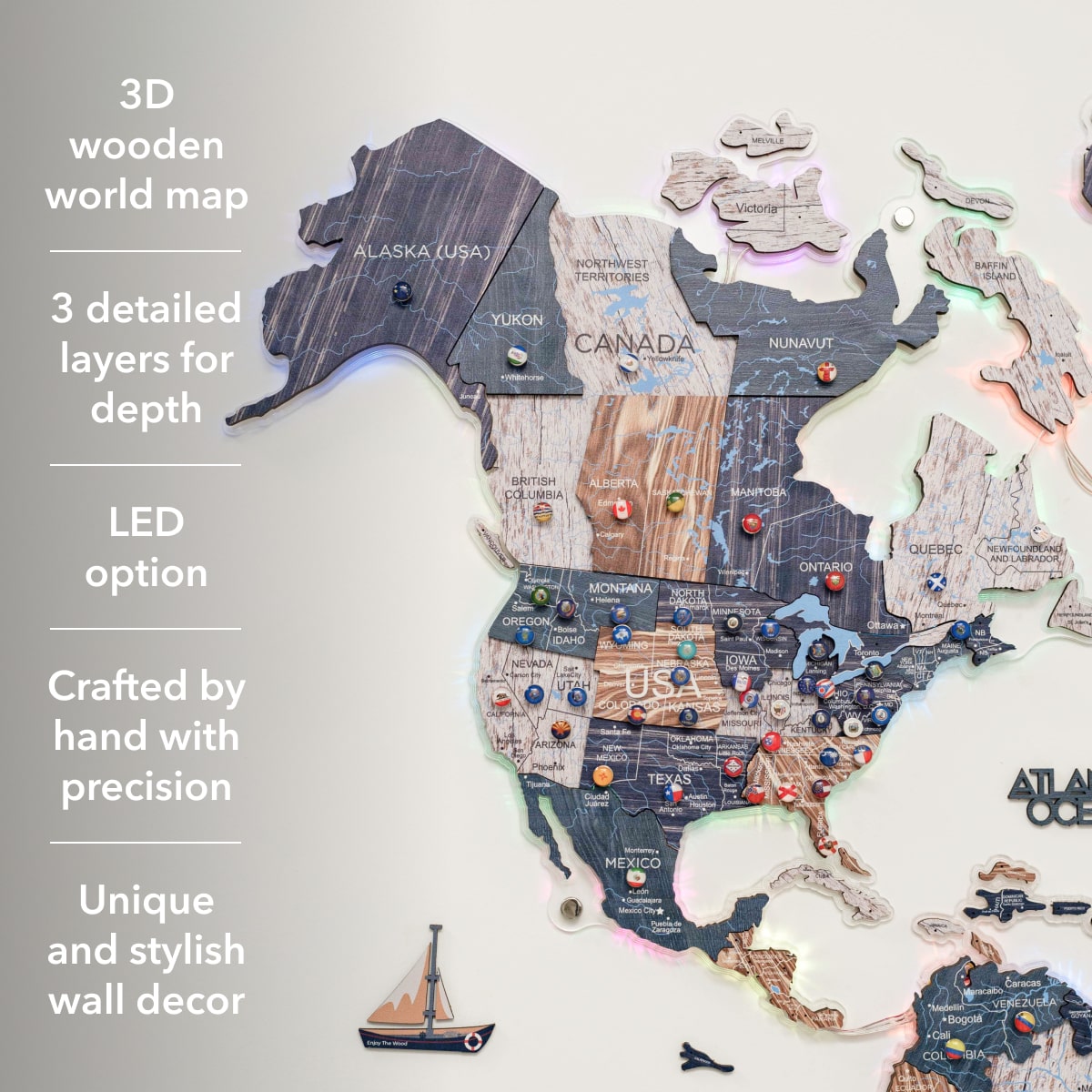 3D LUMINOUS LED Wooden World Map 2.0 Mystery info