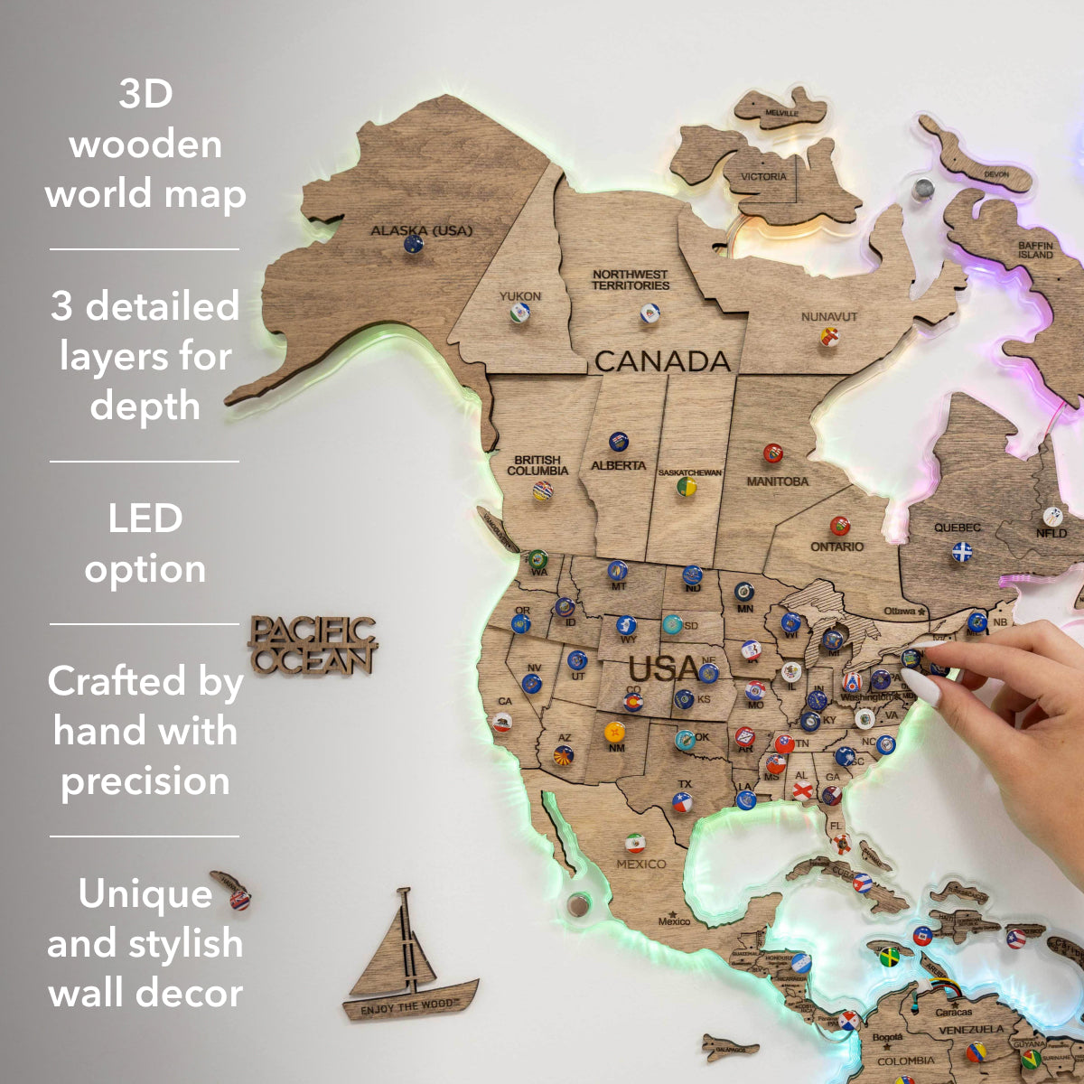 3D LED Wooden World Map 2.0 Terra info 2