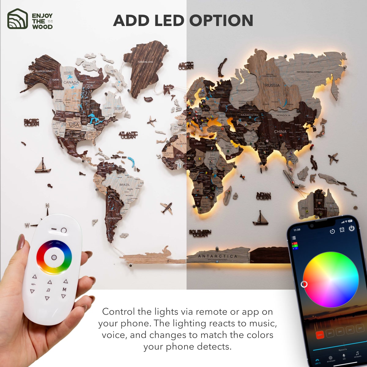 3D LED / LUMINOUS Wooden World Map 3.0 Cappuccino app
