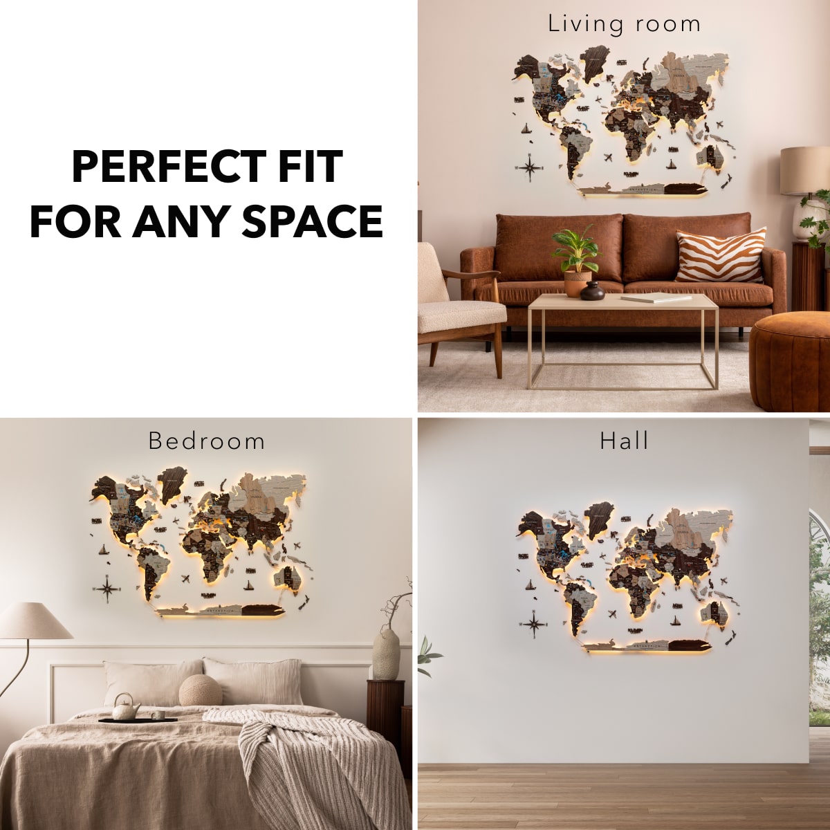3D LED / LUMINOUS Wooden World Map 3.0 Cappuccino fit