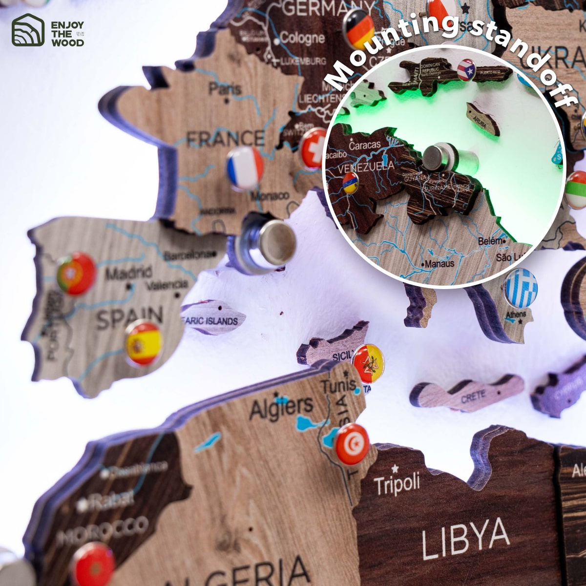 3D LED / LUMINOUS Wooden World Map 3.0 Cappuccino mount