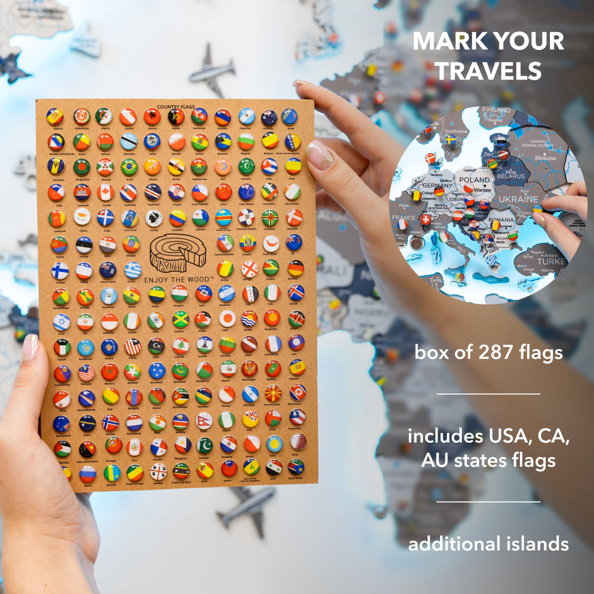 3D LED / LUMINOUS Wooden World Map 3.0 Cruise pinboard
