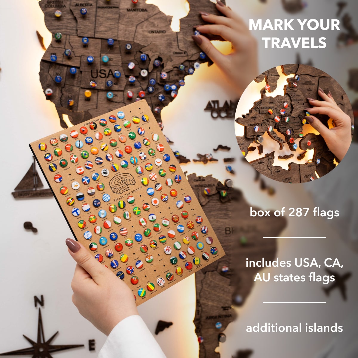 3D LED Wooden World Map 3.0 Dark Walnut pins