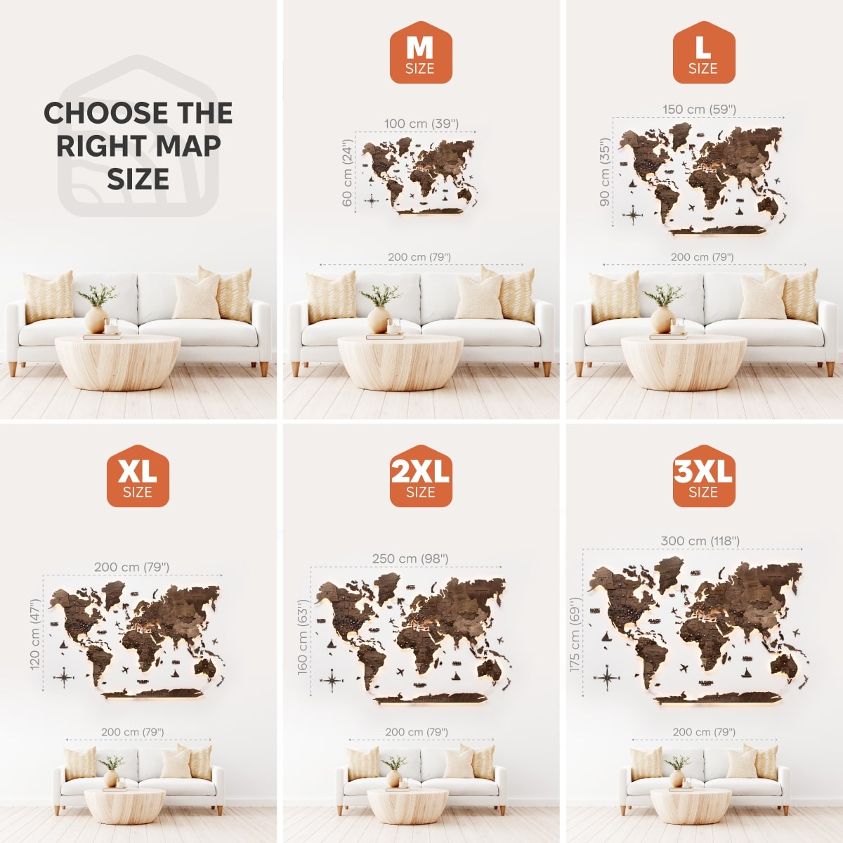 3D LED Wooden World Map 3.0 Dark Walnut size