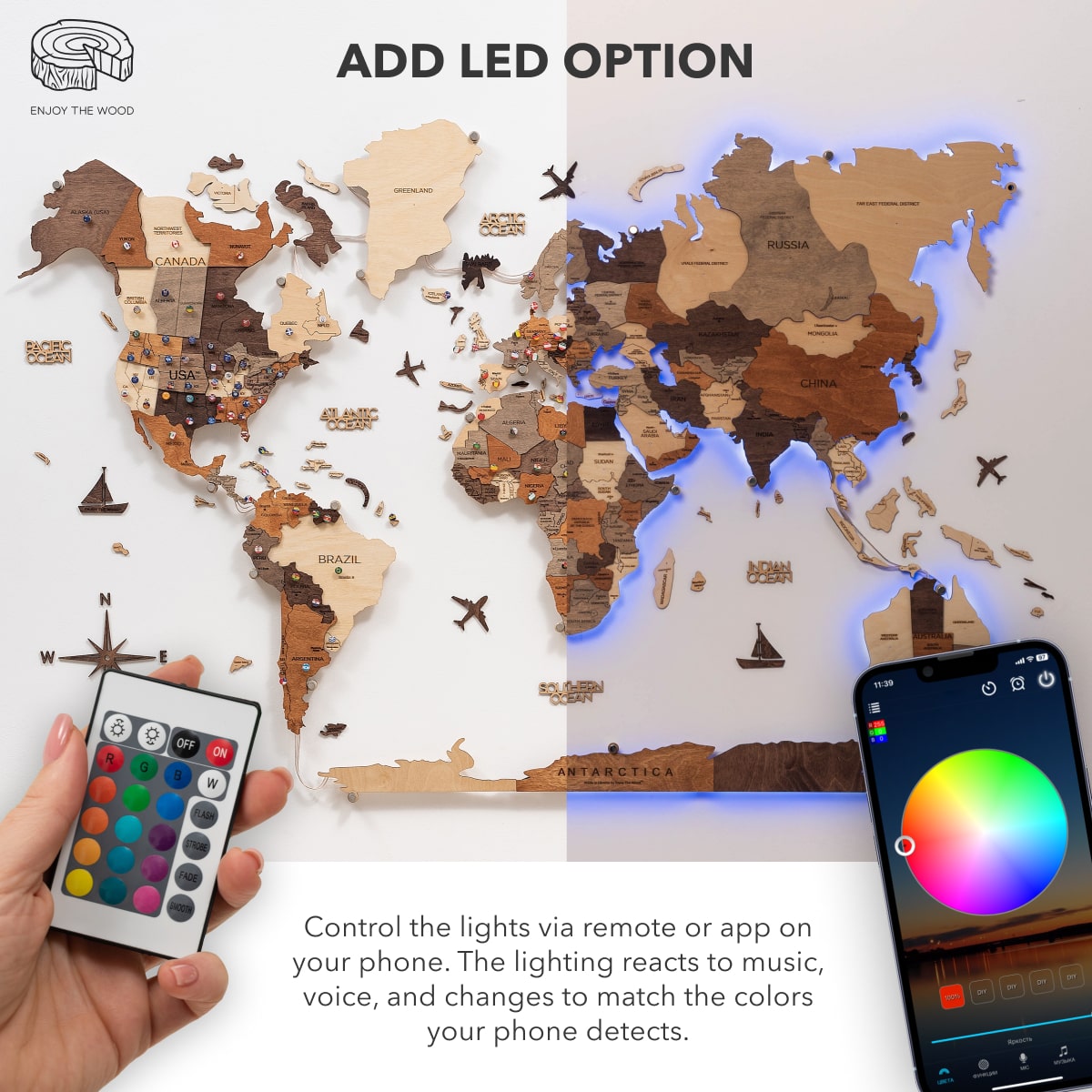 3D LED / LUMINOUS Wooden World Map 3.0 Duna app