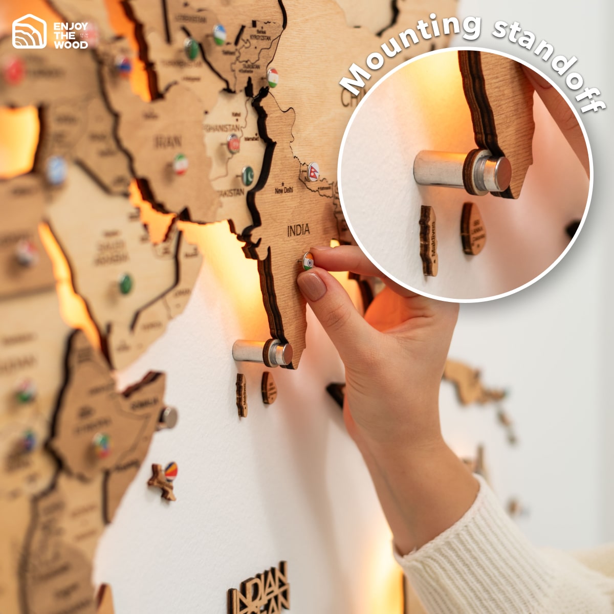 3D LED Wooden World Map 3.0 Gold mounting