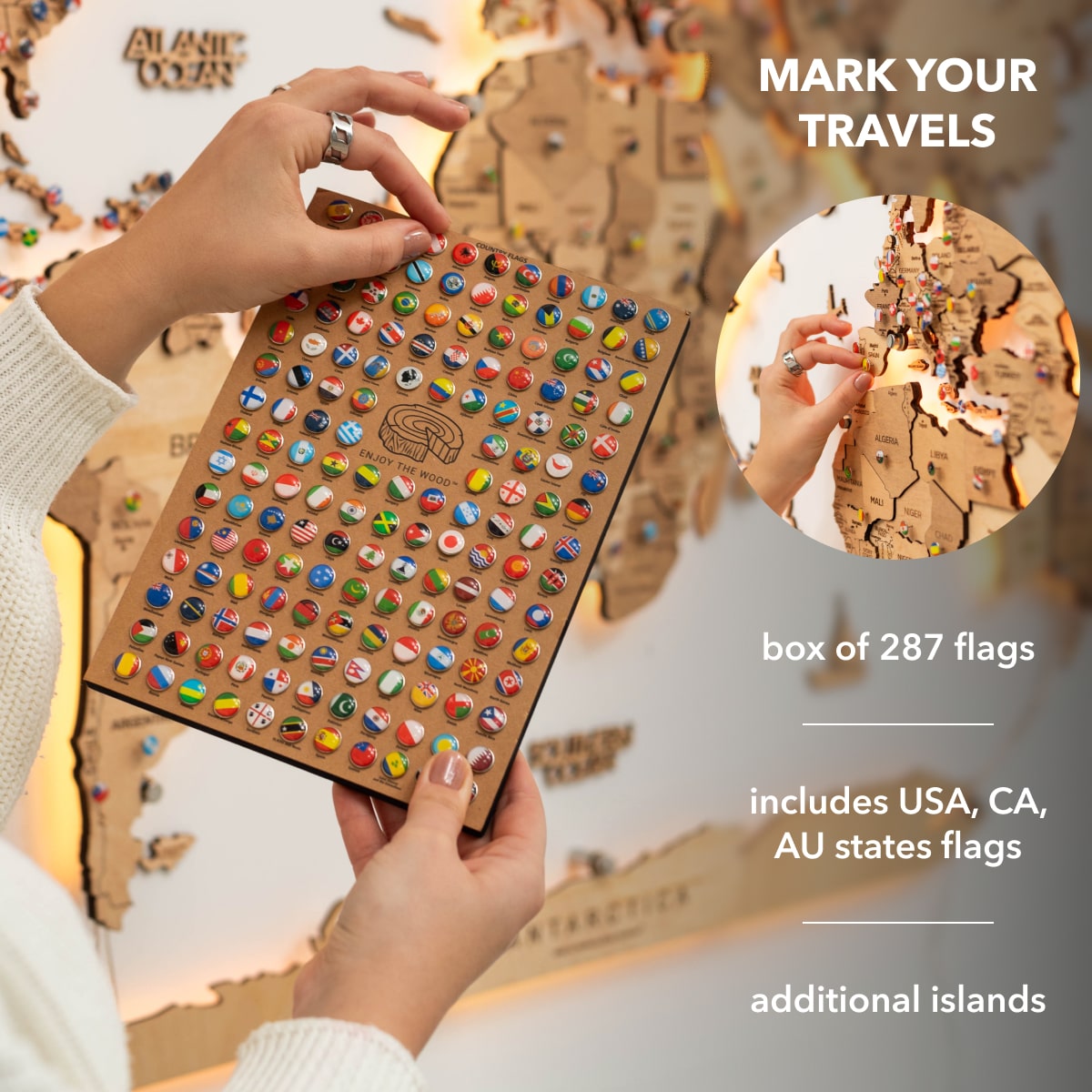 3D LED Wooden World Map 3.0 Gold pinboard