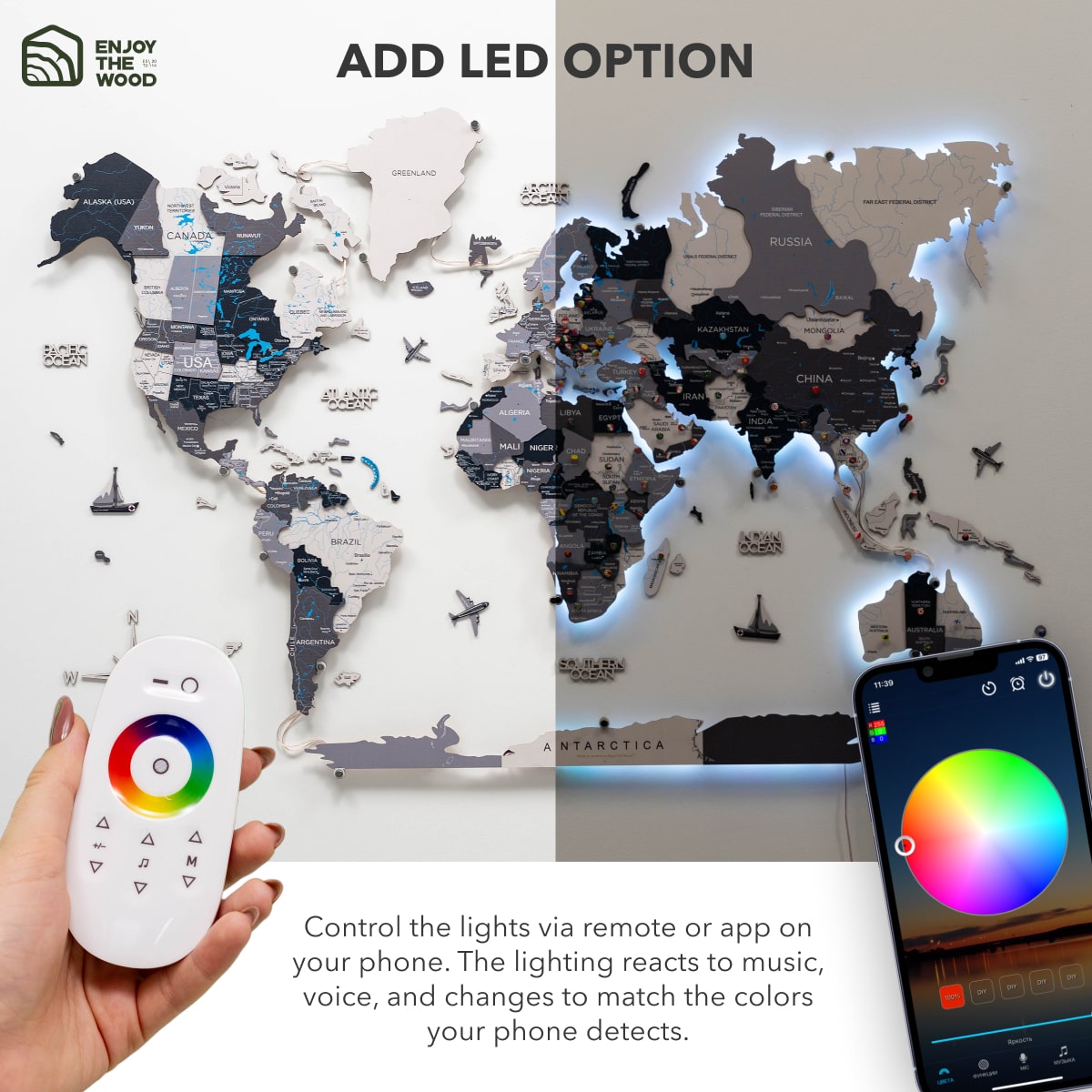 3D LED / LUMINOUS Wooden World Map 3.0 Nordik app