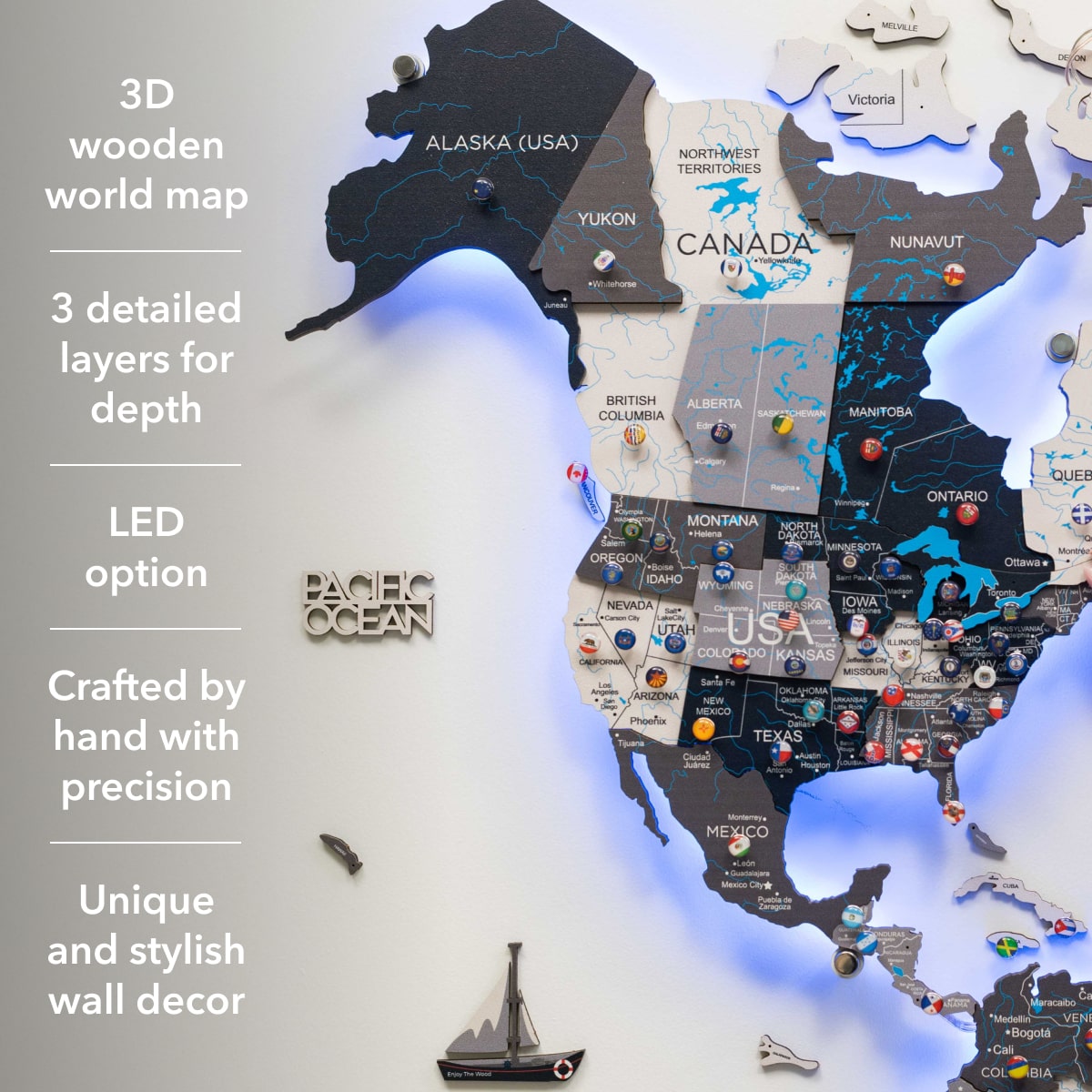 3D LED / LUMINOUS Wooden World Map 3.0 Nordik info