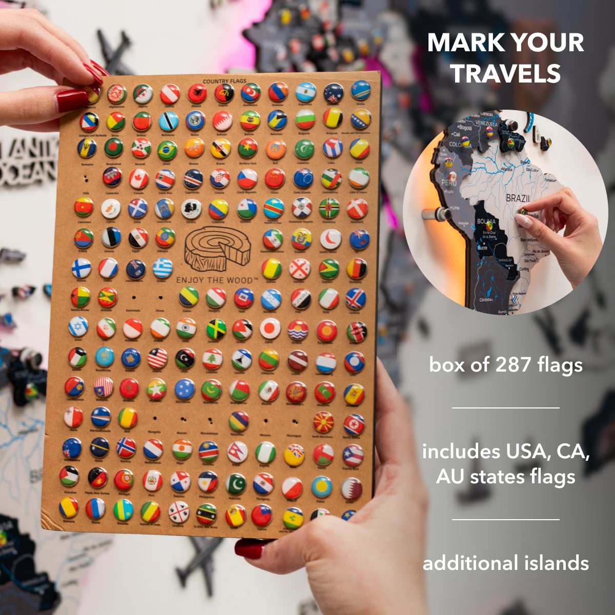 3D LED / LUMINOUS Wooden World Map 3.0 Nordik pins