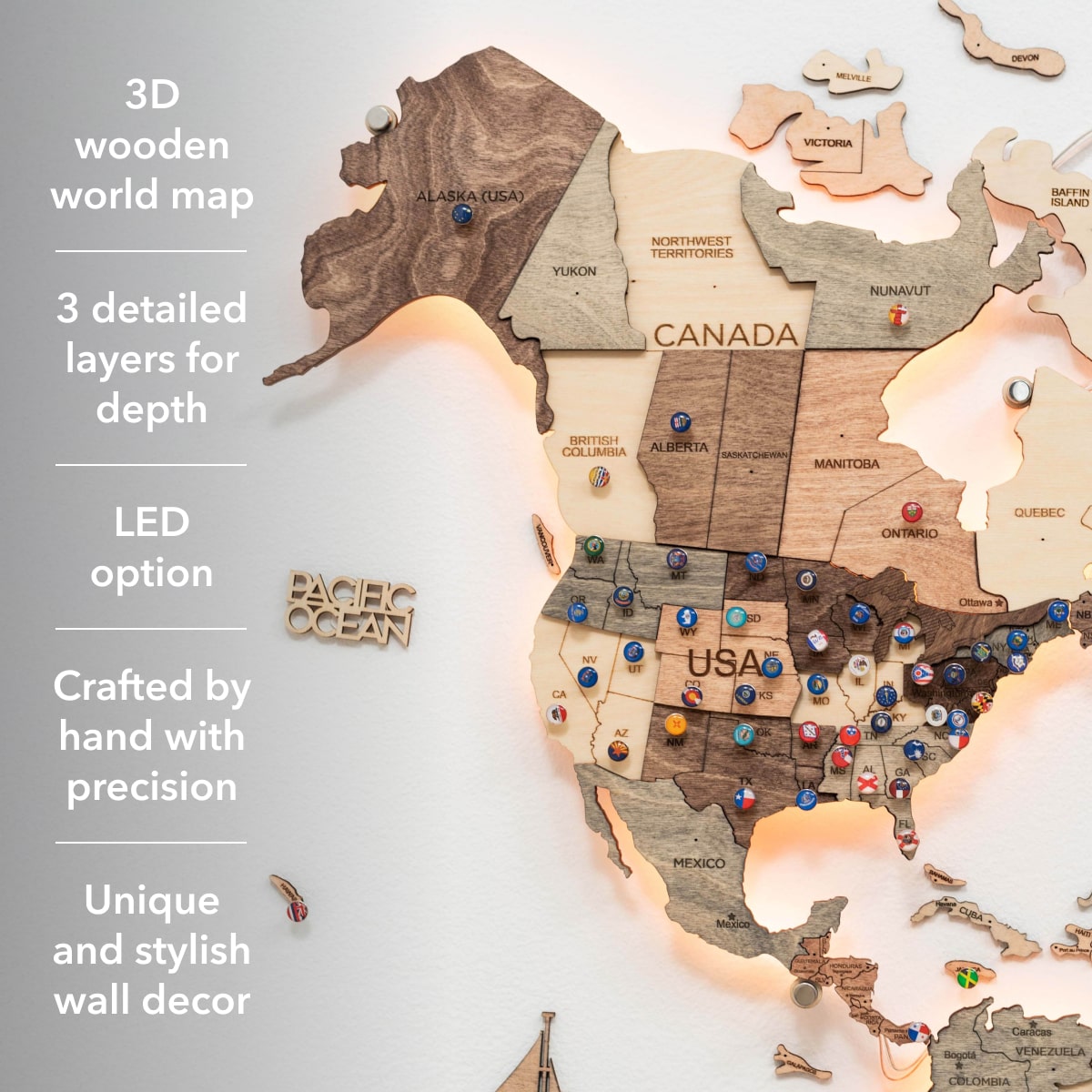 3D LED Wooden World Map 3.0 Smokey info