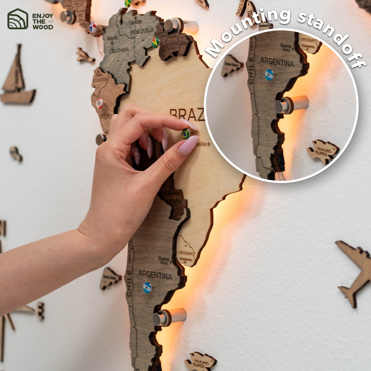 3D LED Wooden World Map 3.0 Smokey mount