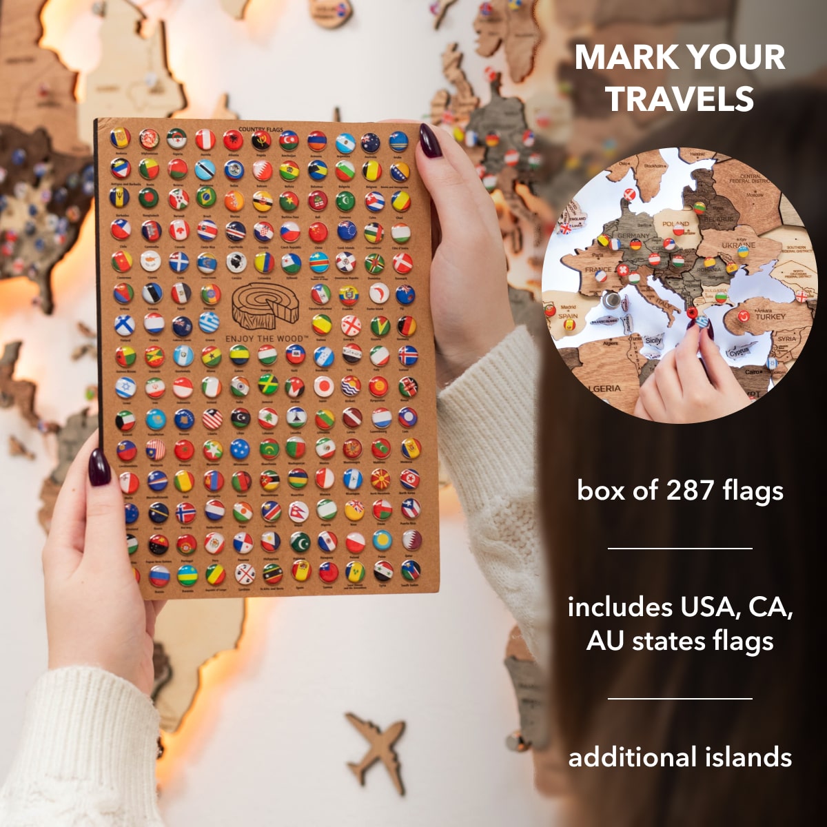 3D LED Wooden World Map 3.0 Smokey pinboard