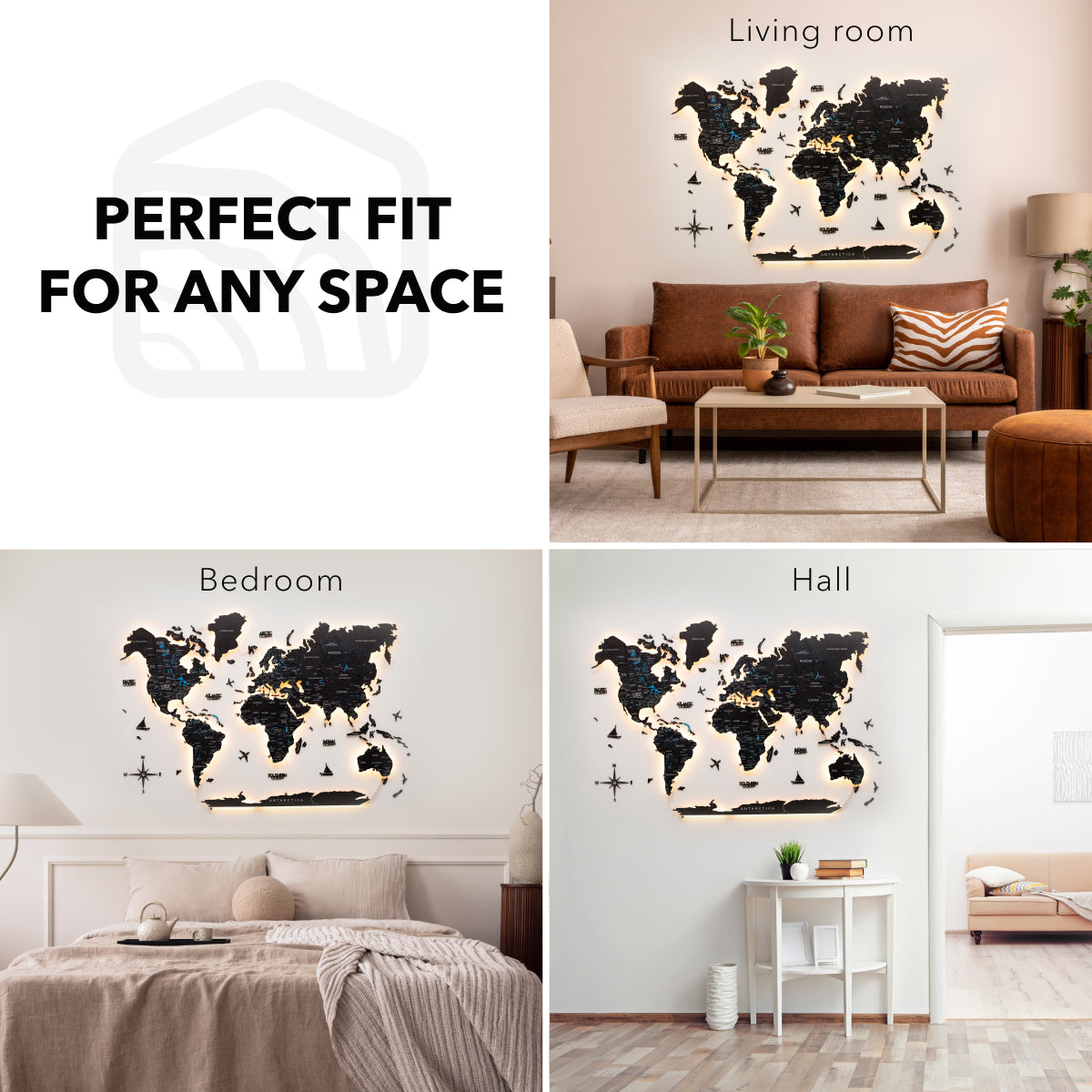 3D LED / LUMINOUS Wooden World Map 3.0 Space fit