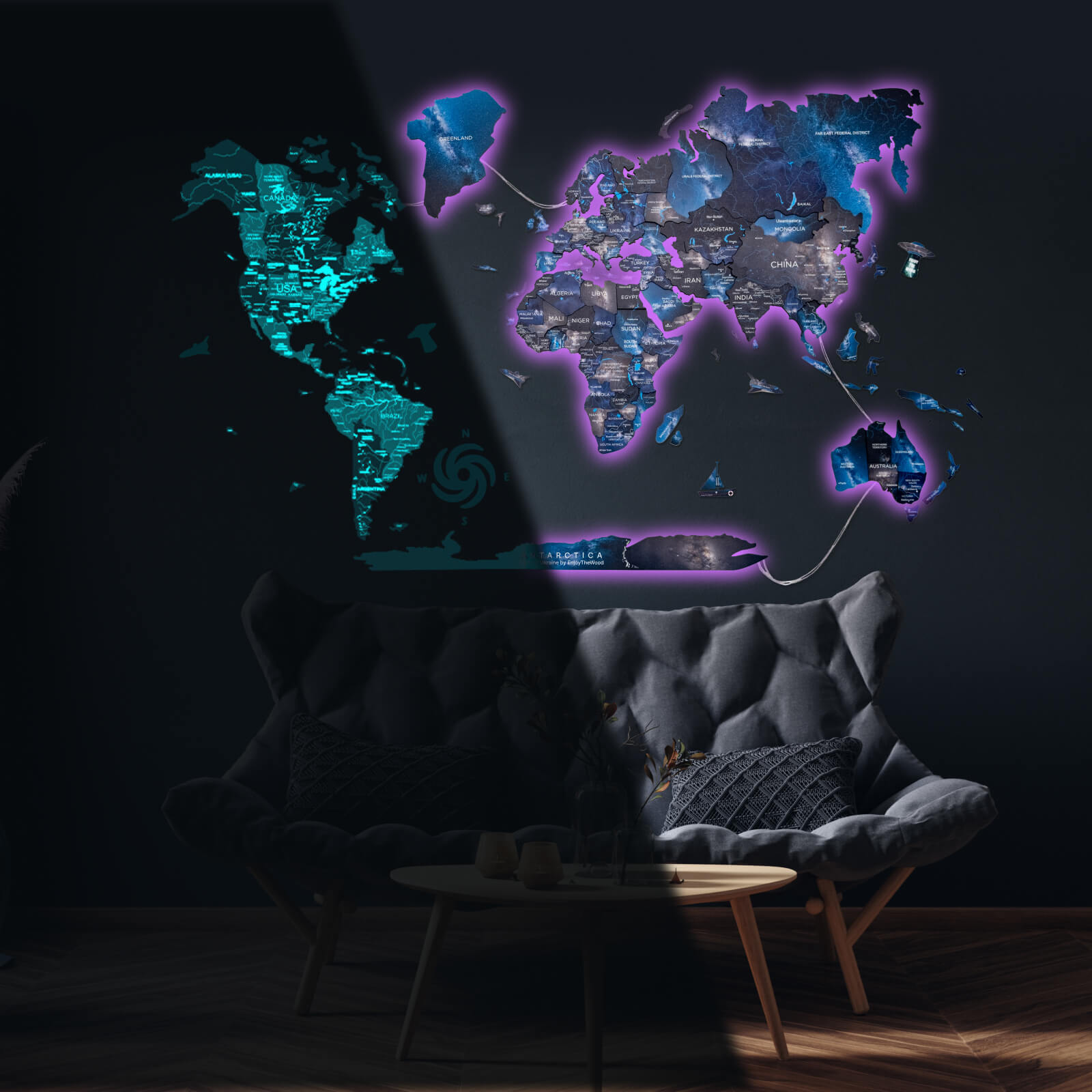 3D LED / LUMINOUS Wooden World Map 3.0 Space by Enjoy The Wood