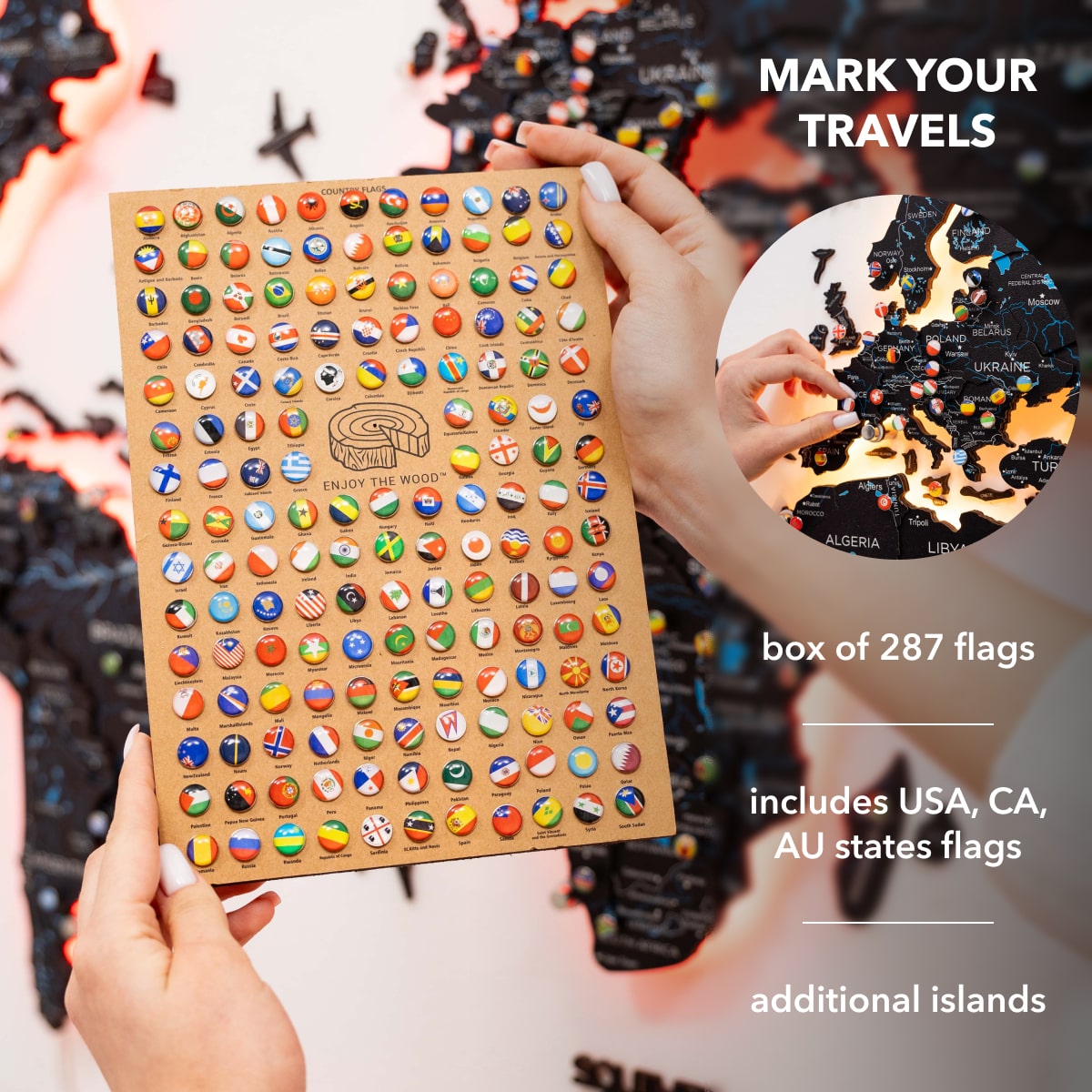 3D LED / LUMINOUS Wooden World Map 3.0 Space pins