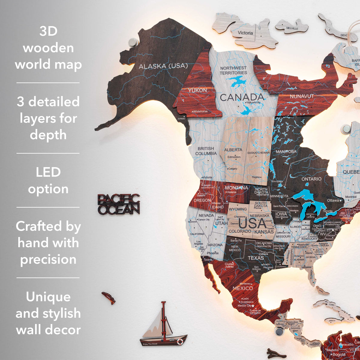 3D LED / LUMINOUS Wooden World Map 3.0 Urban info