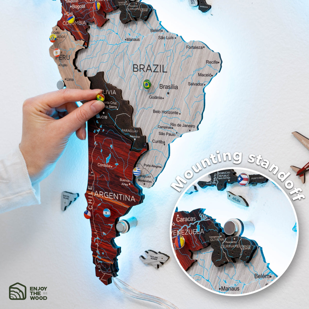 3D LED / LUMINOUS Wooden World Map 3.0 Urban mount